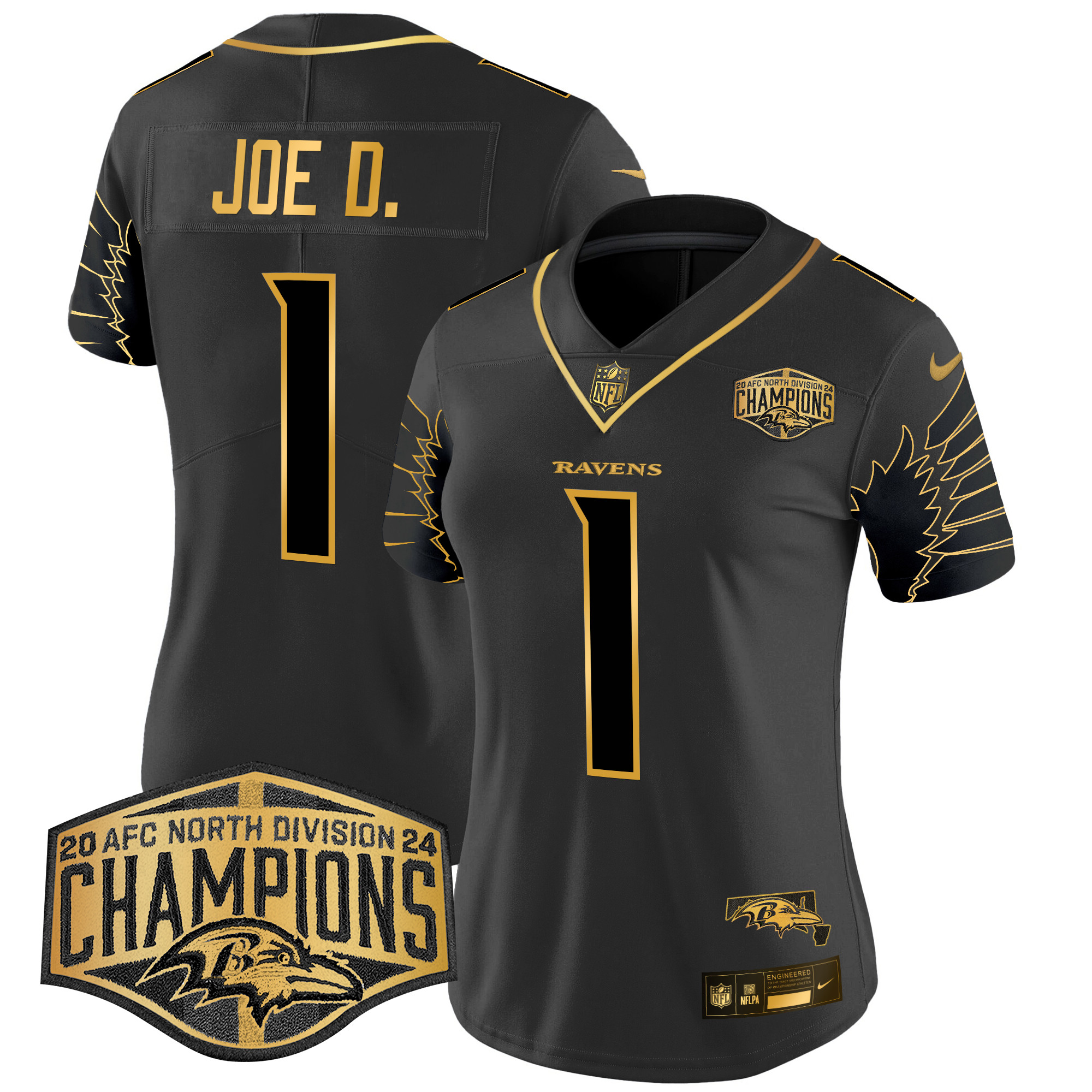 Joe D Women's Baltimore Ravens Maryland 2024 AFC North Division Champions Patch Gold Vapor Limited Black Gold Jersey - All Stitched