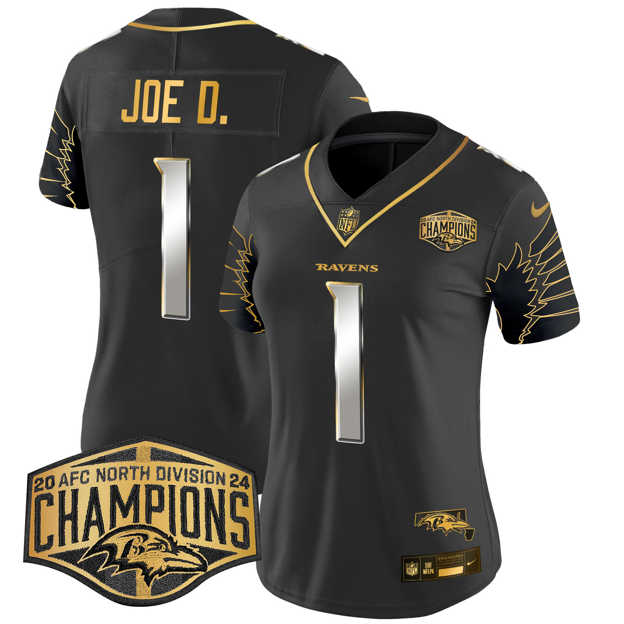 Joe D Women's Baltimore Ravens Maryland 2024 AFC North Division Champions Patch Gold Vapor Limited Black Limited Jersey - All Stitched
