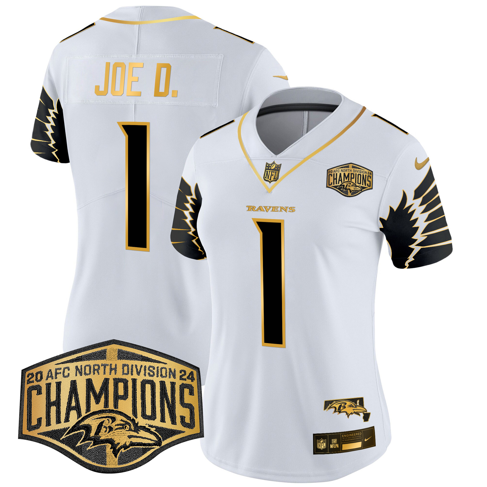 Joe D Women's Baltimore Ravens Maryland 2024 AFC North Division Champions Patch Gold Vapor Limited White Gold Jersey - All Stitched