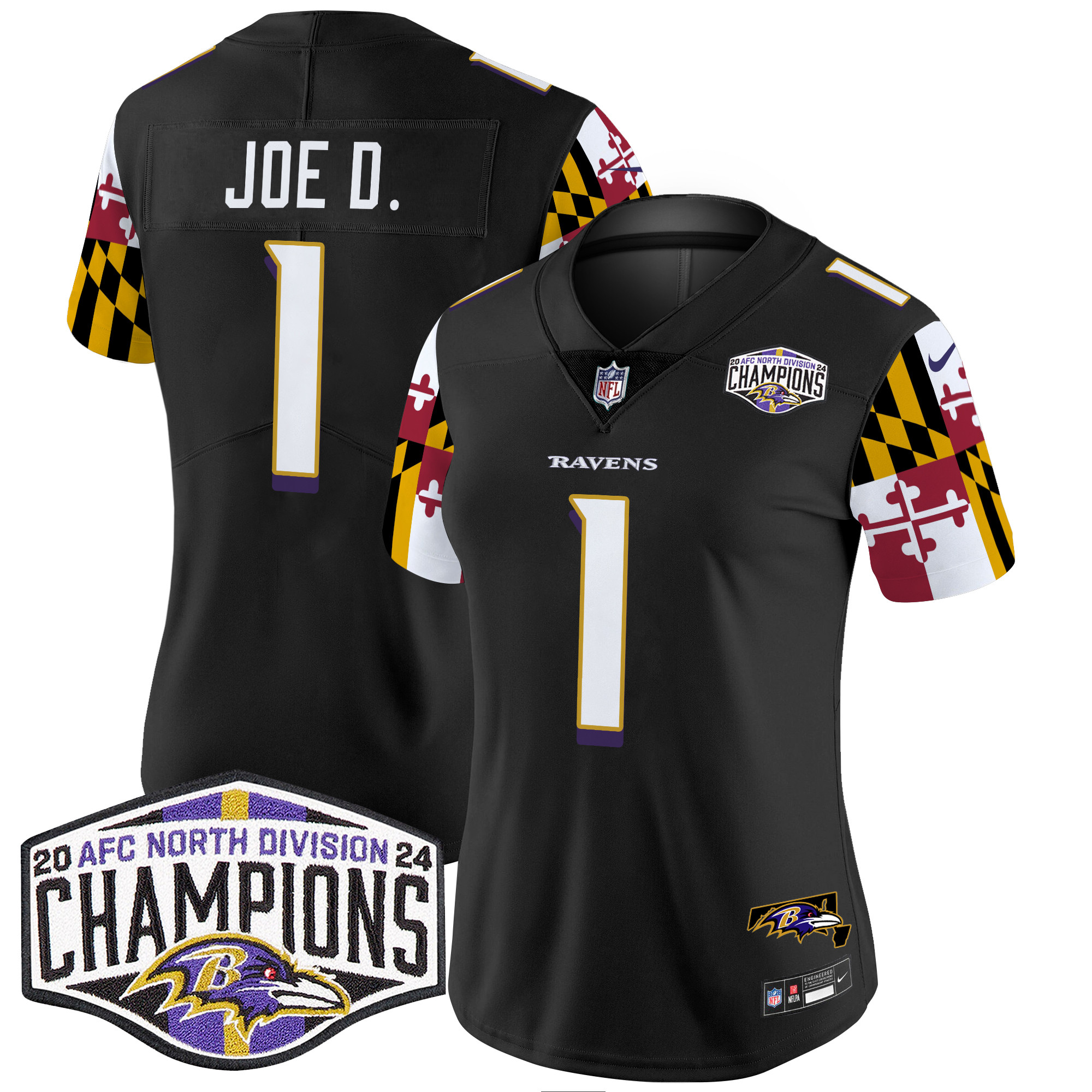 Joe D Women's Baltimore Ravens Maryland Flag 2024 AFC North Division Champions Patch Vapor Limited Black Jersey - All Stitched
