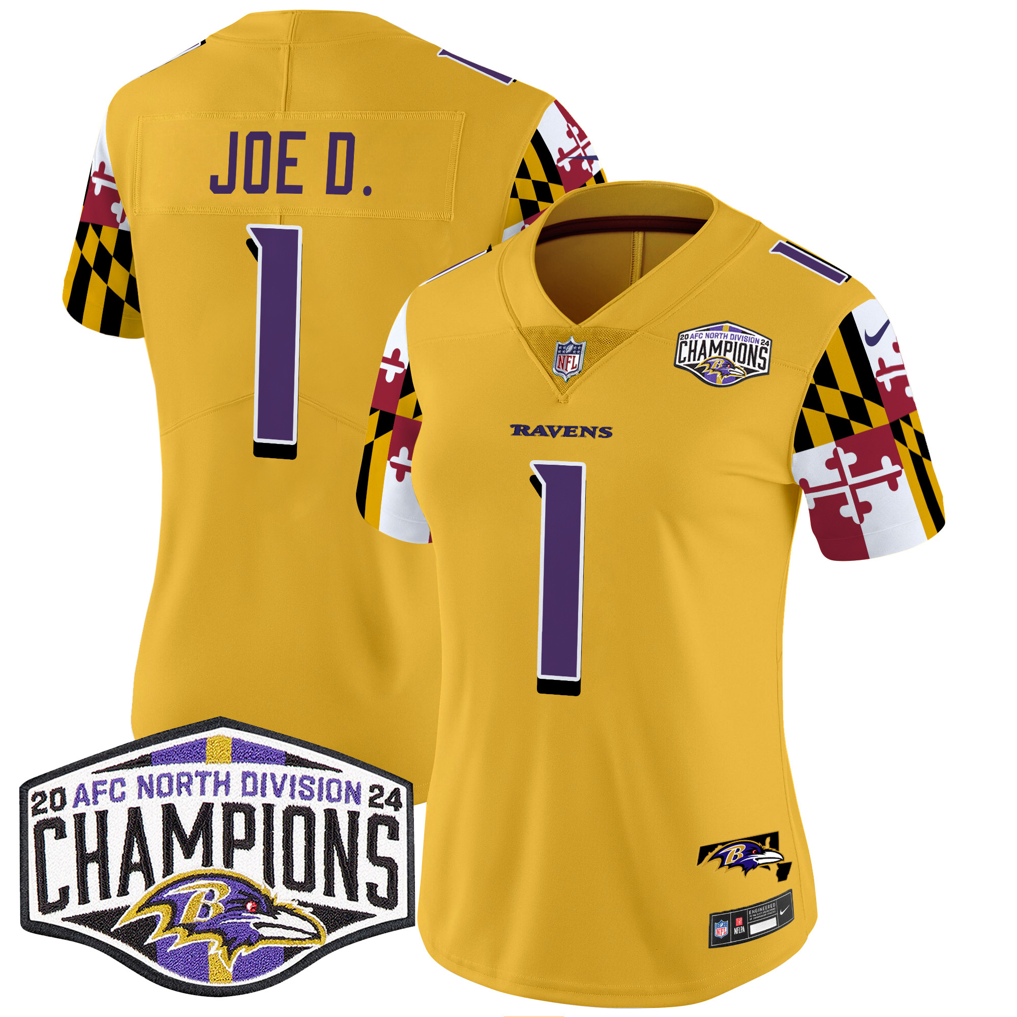 Joe D Women's Baltimore Ravens Maryland Flag 2024 AFC North Division Champions Patch Vapor Limited Gold Jersey - All Stitched