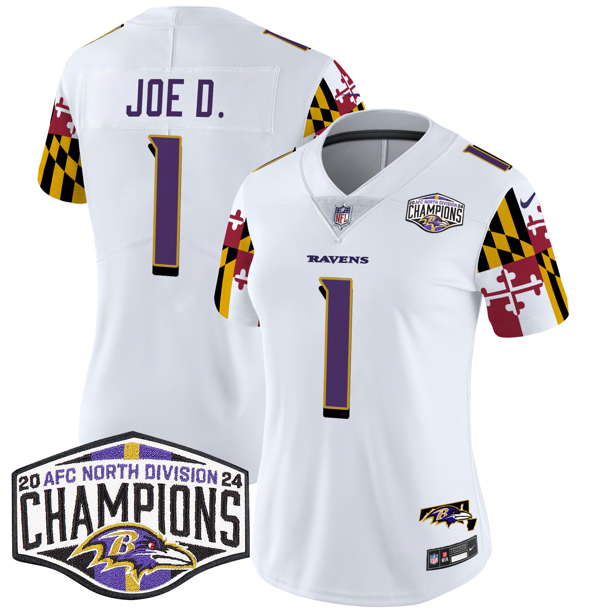 Joe D Women's Baltimore Ravens Maryland Flag 2024 AFC North Division Champions Patch Vapor Limited White Jersey - All Stitched