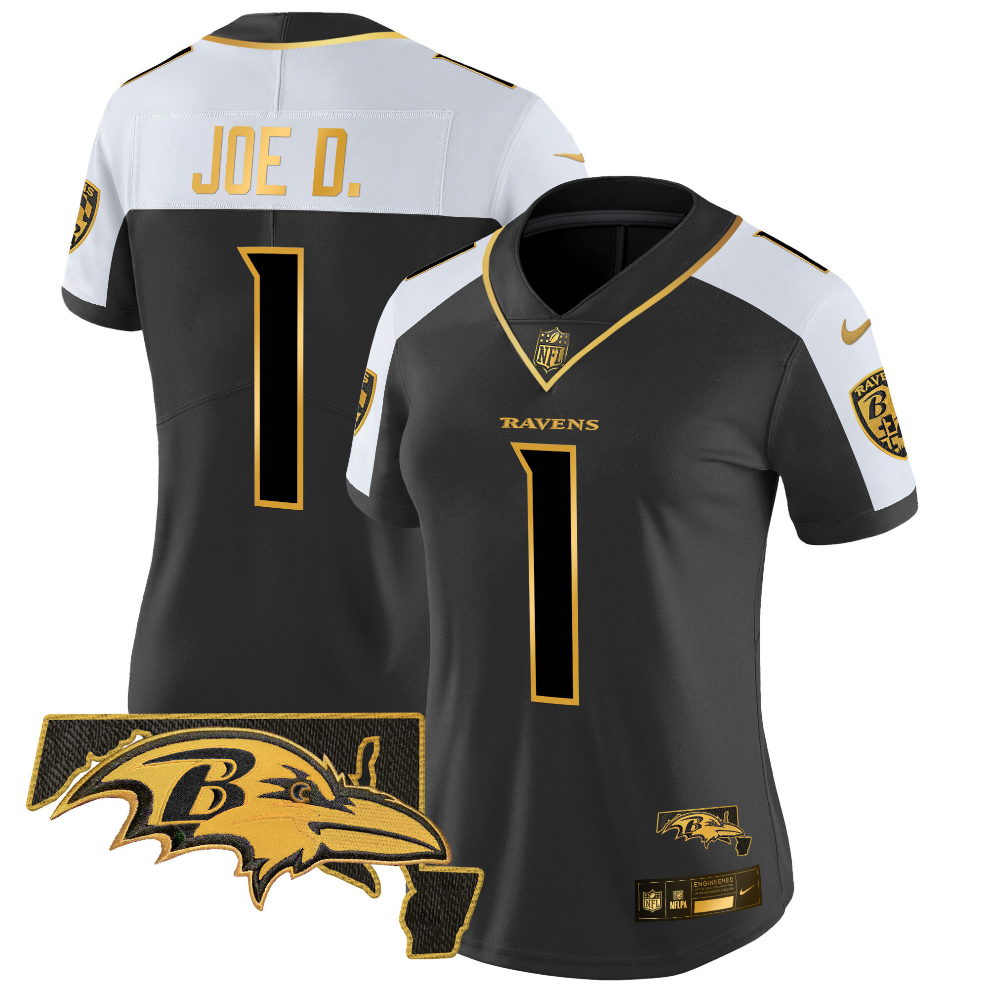 Joe D Women's Baltimore Ravens Maryland Patch Gold Vapor Limited Alternate Jersey - All Stitched