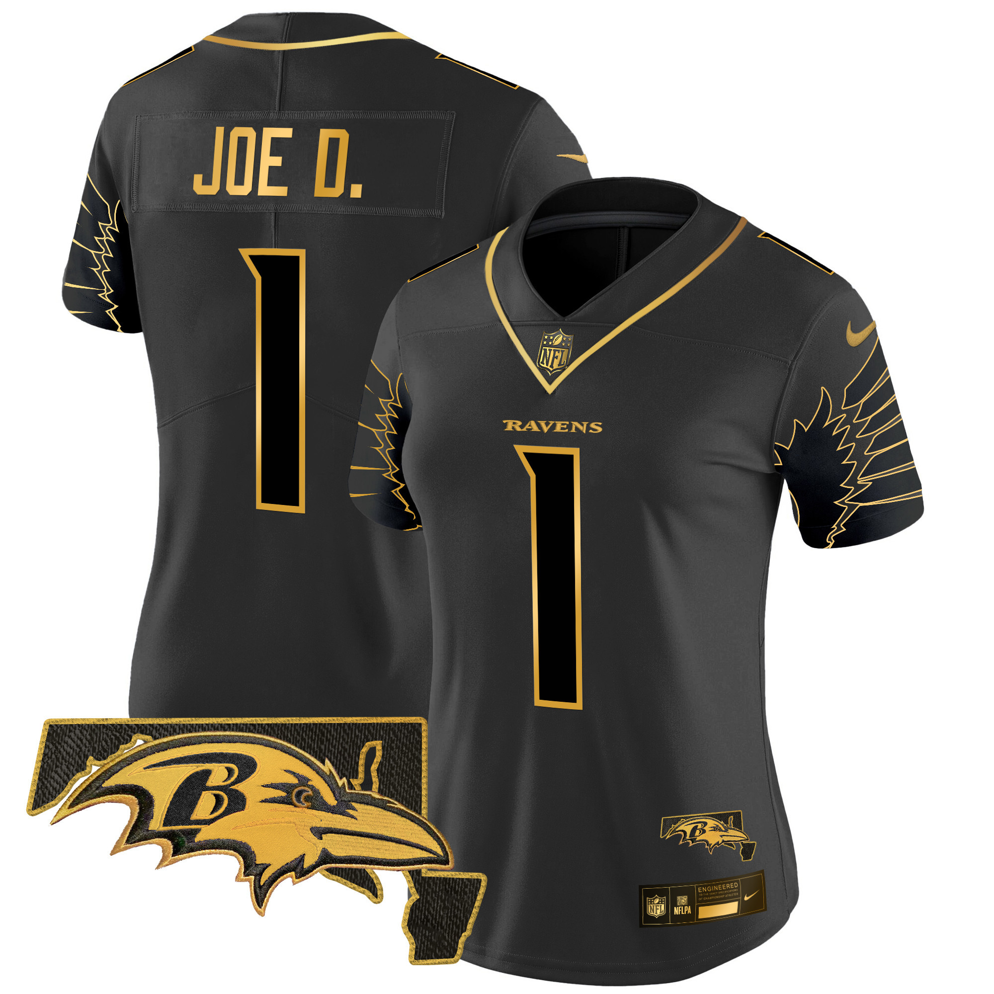 Joe D Women's Baltimore Ravens Maryland Patch Gold Vapor Limited Black Gold Jersey - All Stitched