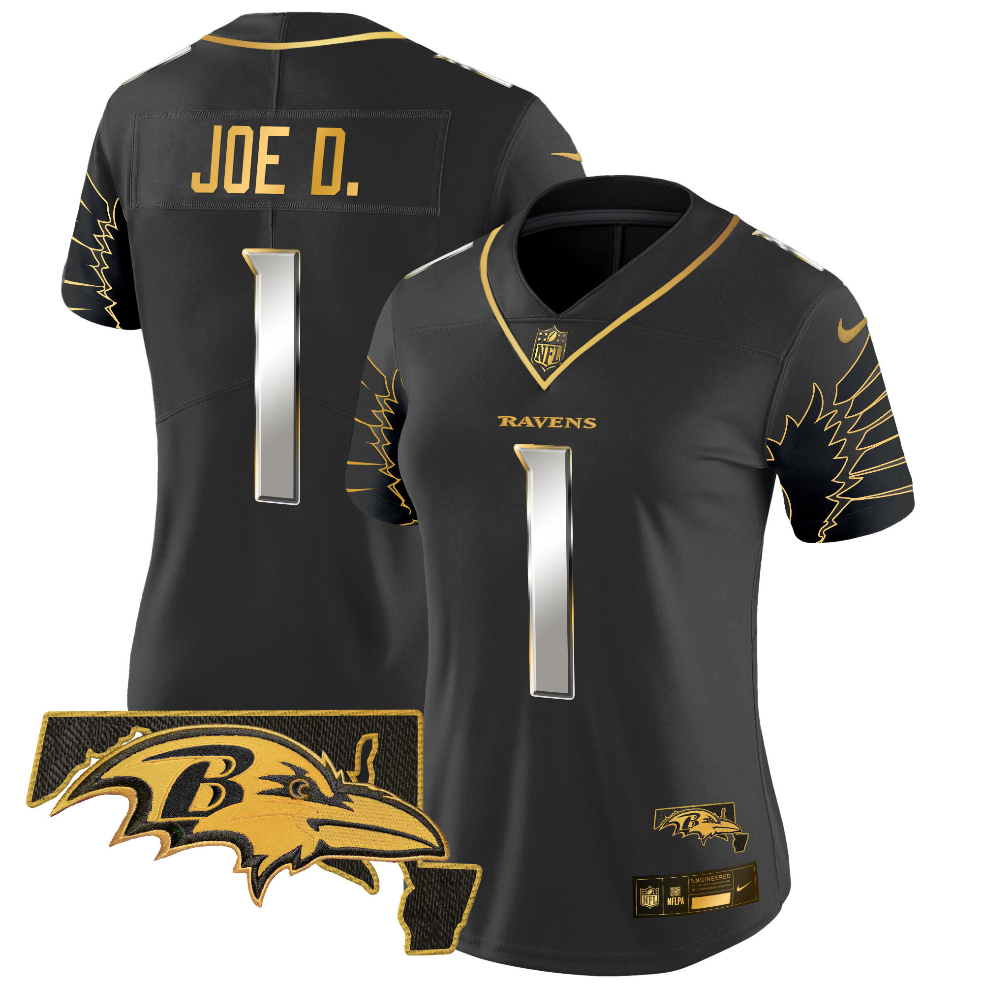 Joe D Women's Baltimore Ravens Maryland Patch Gold Vapor Limited Black Limited Jersey - All Stitched