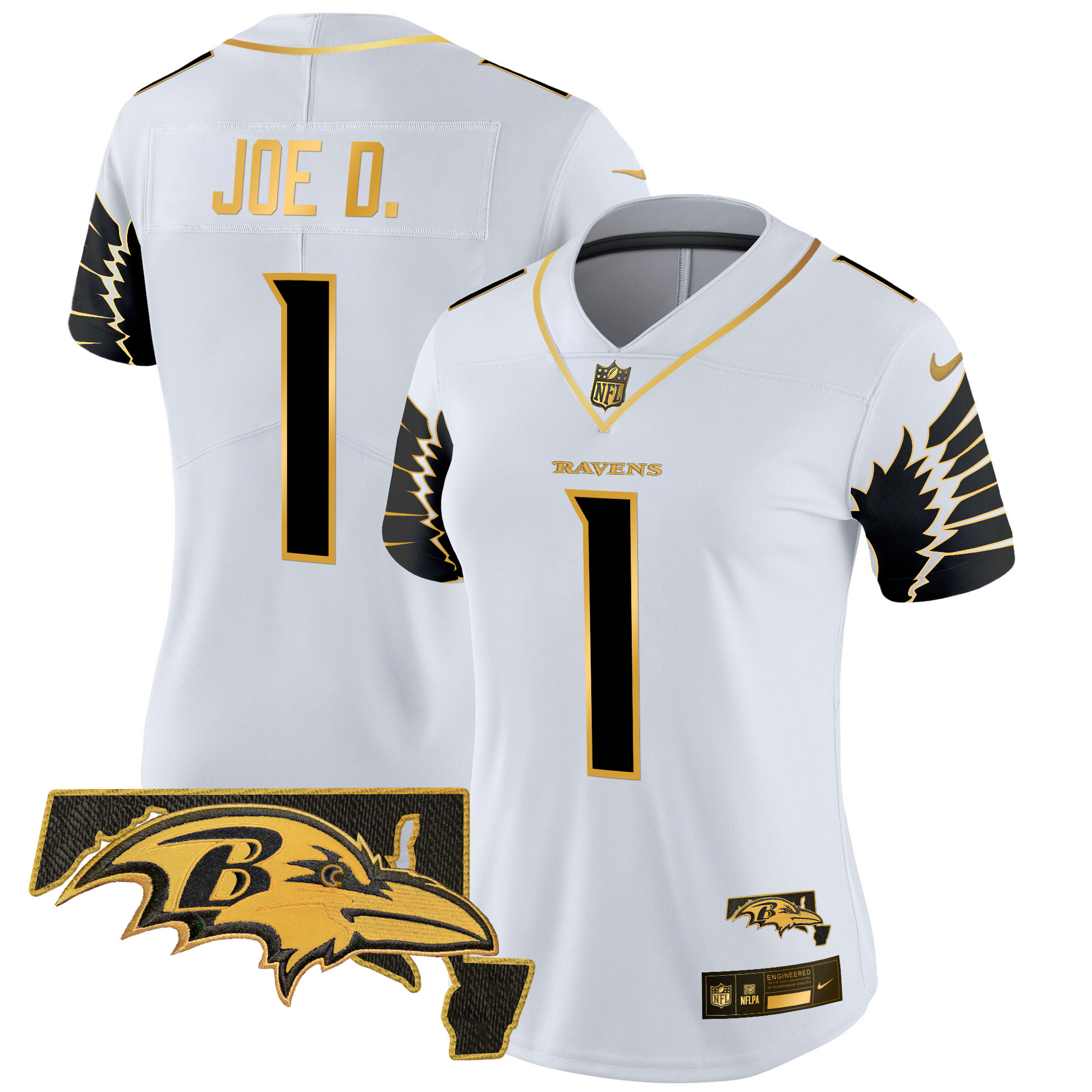 Joe D Women's Baltimore Ravens Maryland Patch Gold Vapor Limited White Gold Jersey - All Stitched