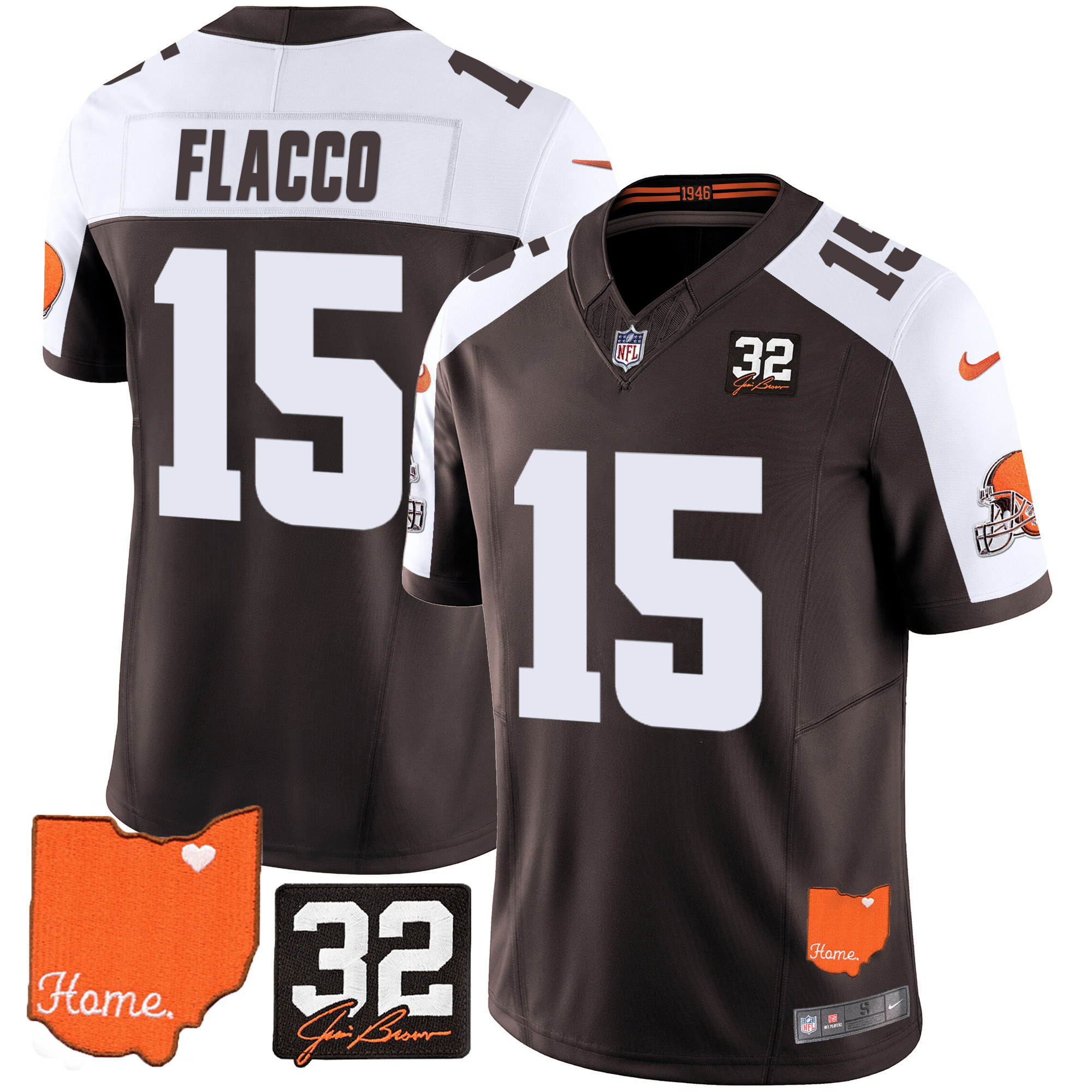 Joe Flacco Men's Cleveland Browns #32 Jim Brown Memorial & Home Patch Alternate Jersey - All Stitched