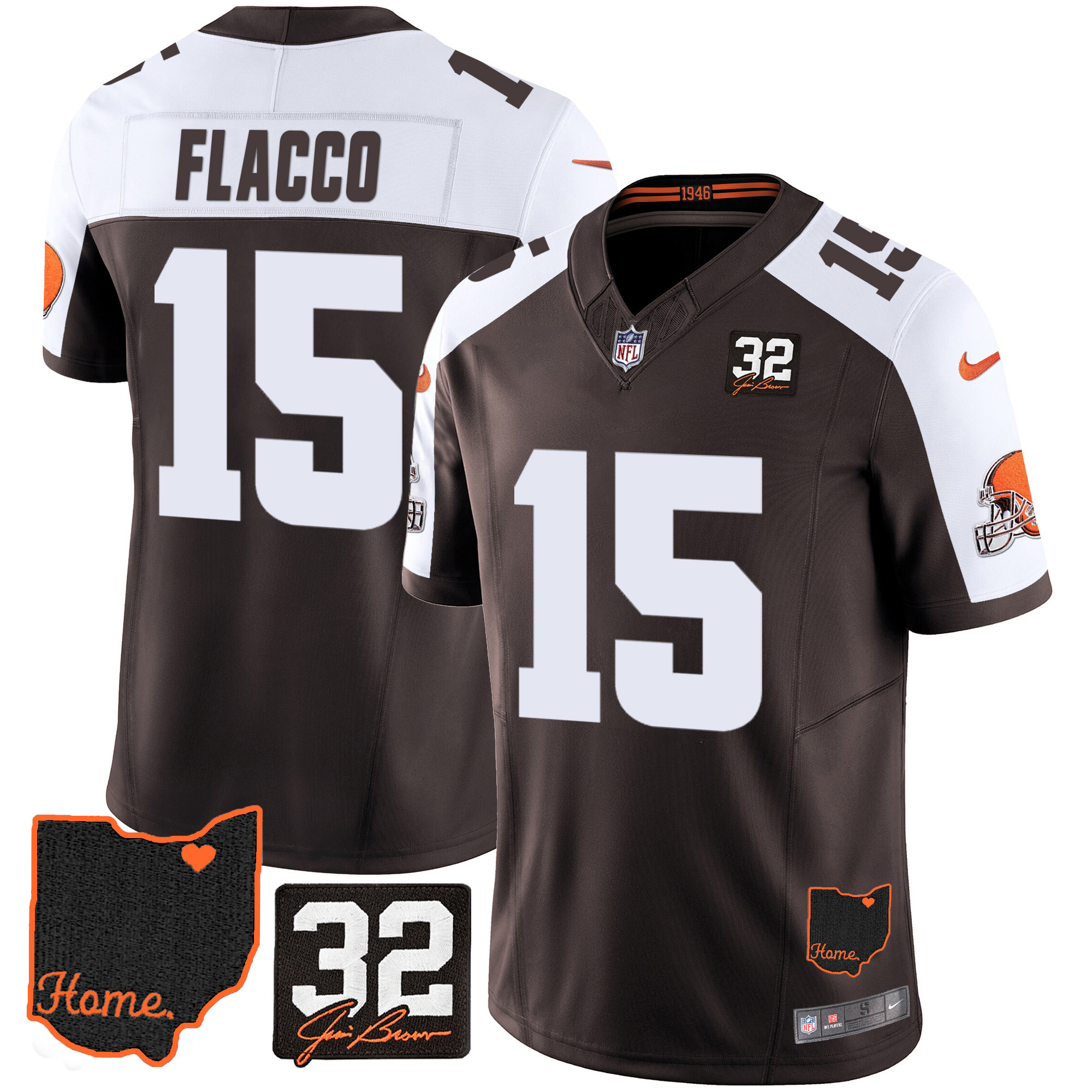 Joe Flacco Men's Cleveland Browns #32 Jim Brown Memorial & Home Patch Alternate Jersey - All Stitched