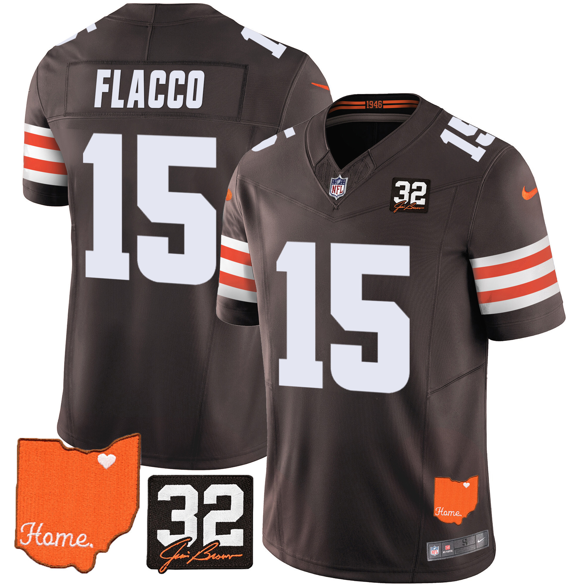 Joe Flacco Men's Cleveland Browns #32 Jim Brown Memorial & Home Patch Brown Jersey - All Stitched