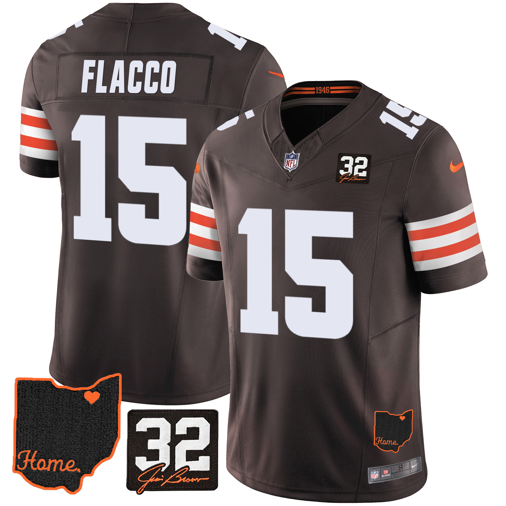Joe Flacco Men's Cleveland Browns #32 Jim Brown Memorial & Home Patch Brown Jersey - All Stitched