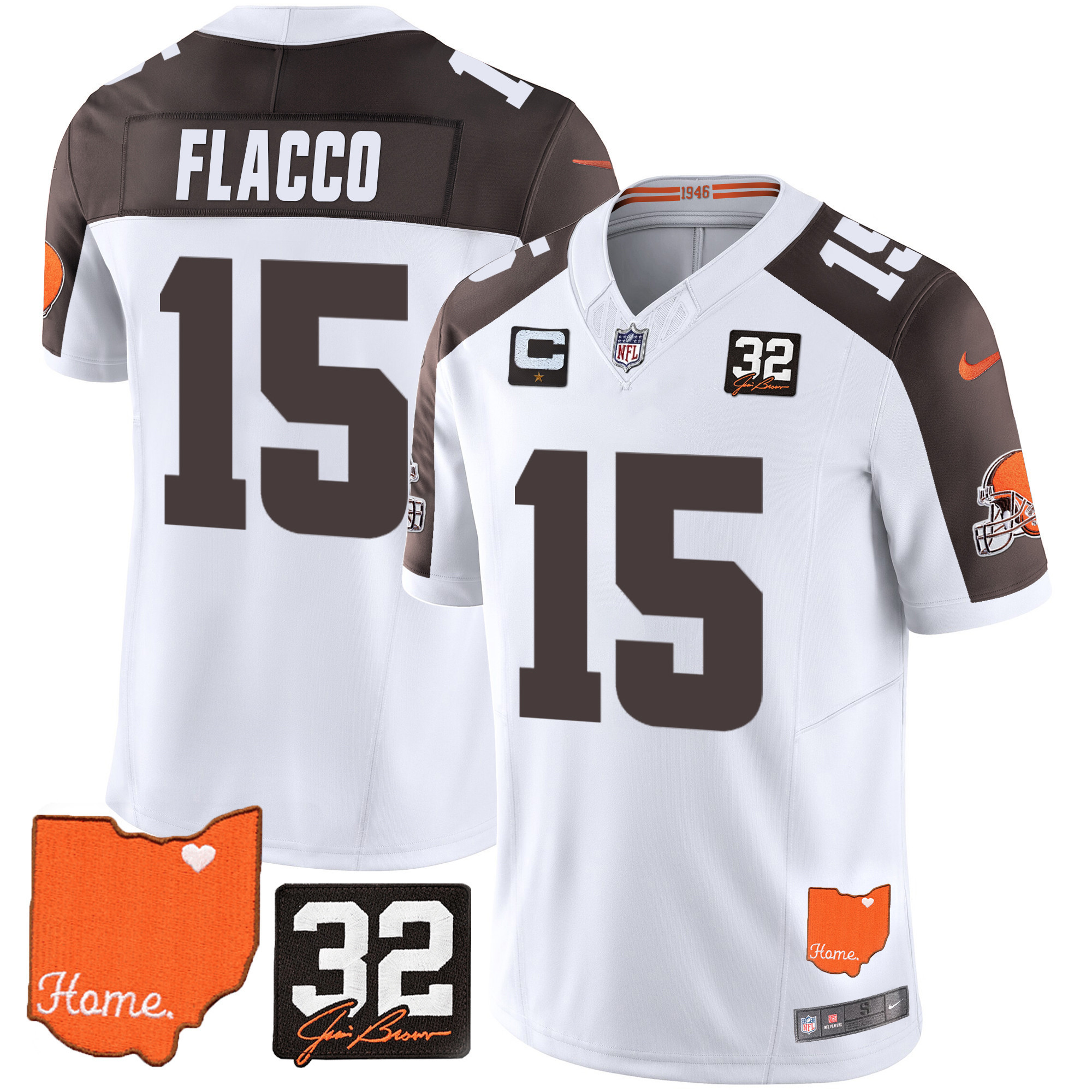 Joe Flacco Men's Cleveland Browns #32 Jim Brown Memorial & Home Patch Inverted Jersey - All Stitched