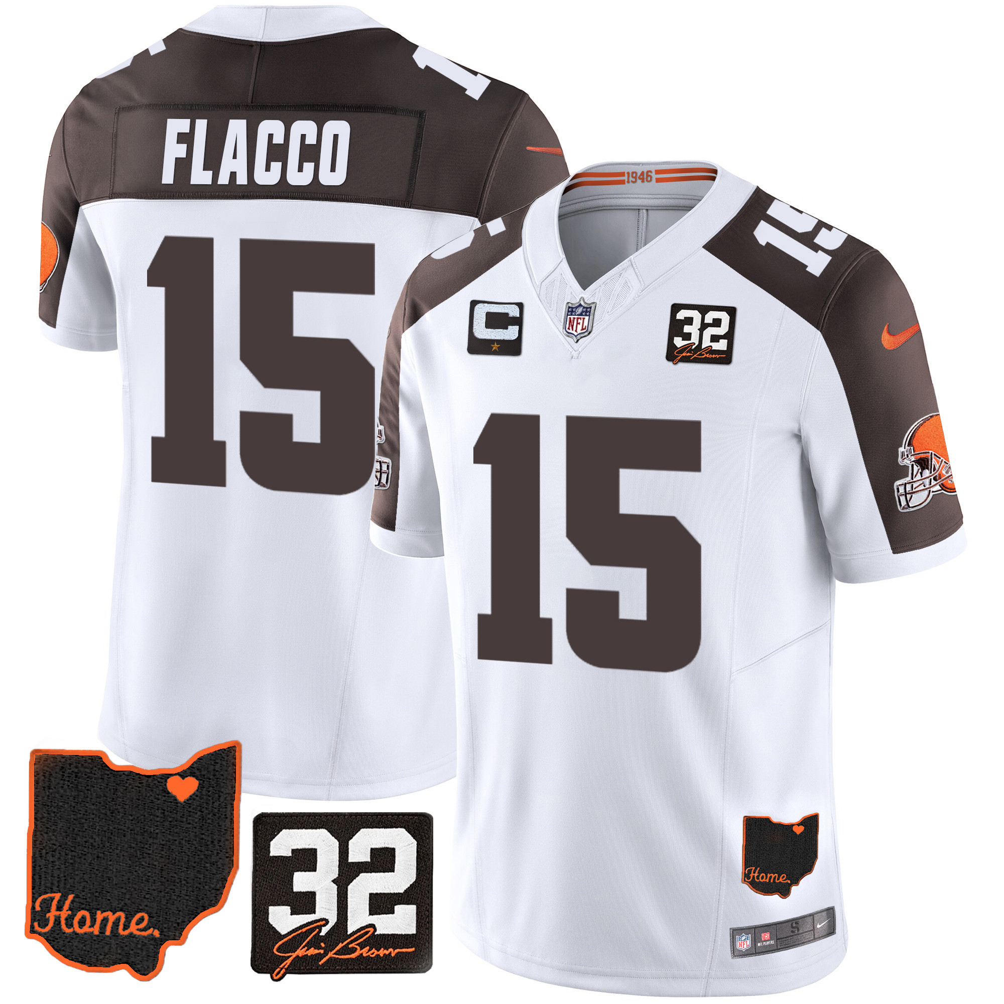 Joe Flacco Men's Cleveland Browns #32 Jim Brown Memorial & Home Patch Inverted Jersey - All Stitched