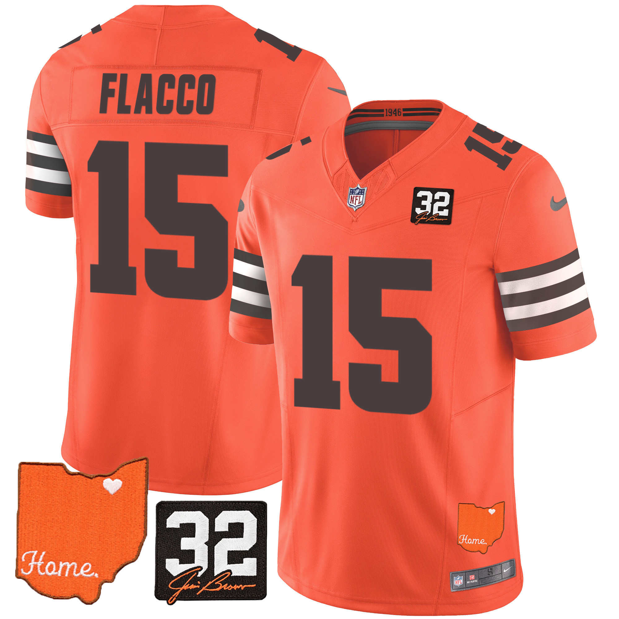 Joe Flacco Men's Cleveland Browns #32 Jim Brown Memorial & Home Patch Orange Jersey - All Stitched