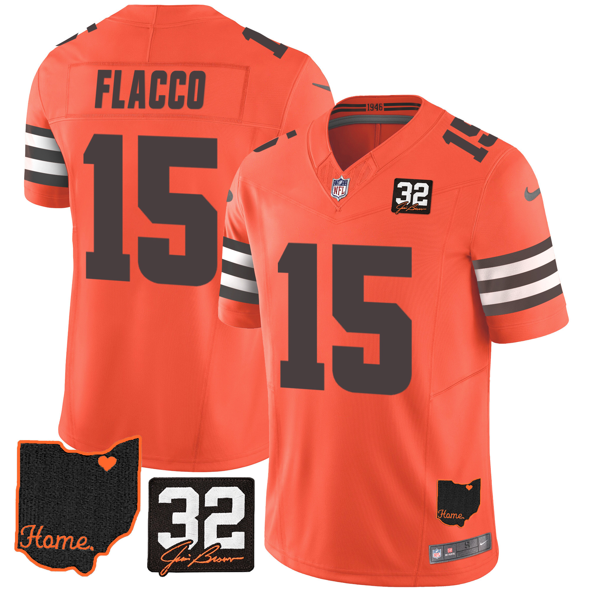 Joe Flacco Men's Cleveland Browns #32 Jim Brown Memorial & Home Patch Orange Jersey - All Stitched