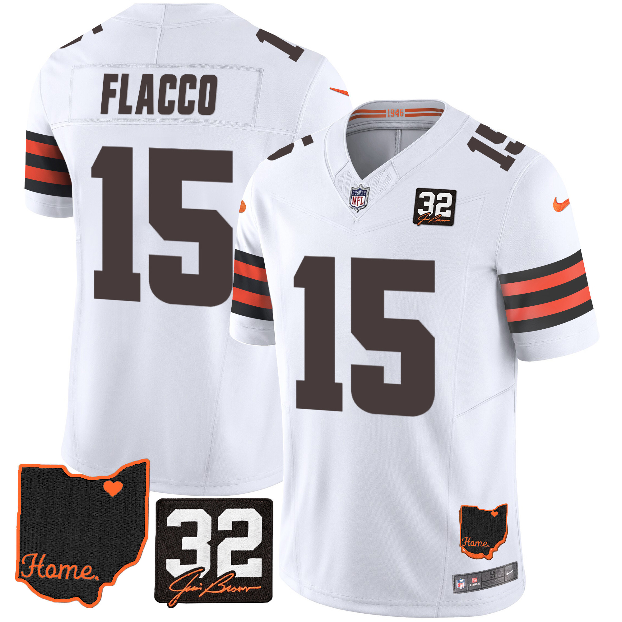 Joe Flacco Men's Cleveland Browns #32 Jim Brown Memorial & Home Patch White Jersey - All Stitched