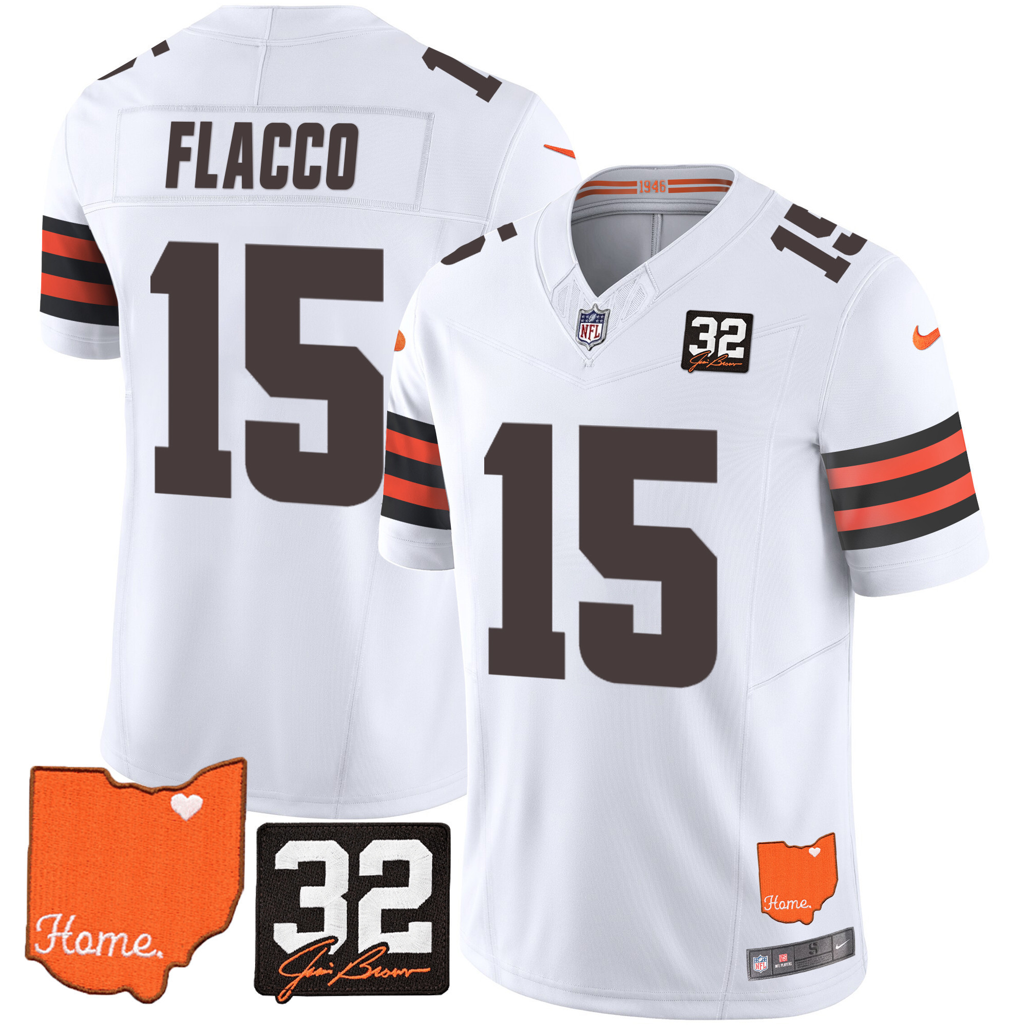 Joe Flacco Men's Cleveland Browns #32 Jim Brown Memorial & Home Patch White Jersey - All Stitched