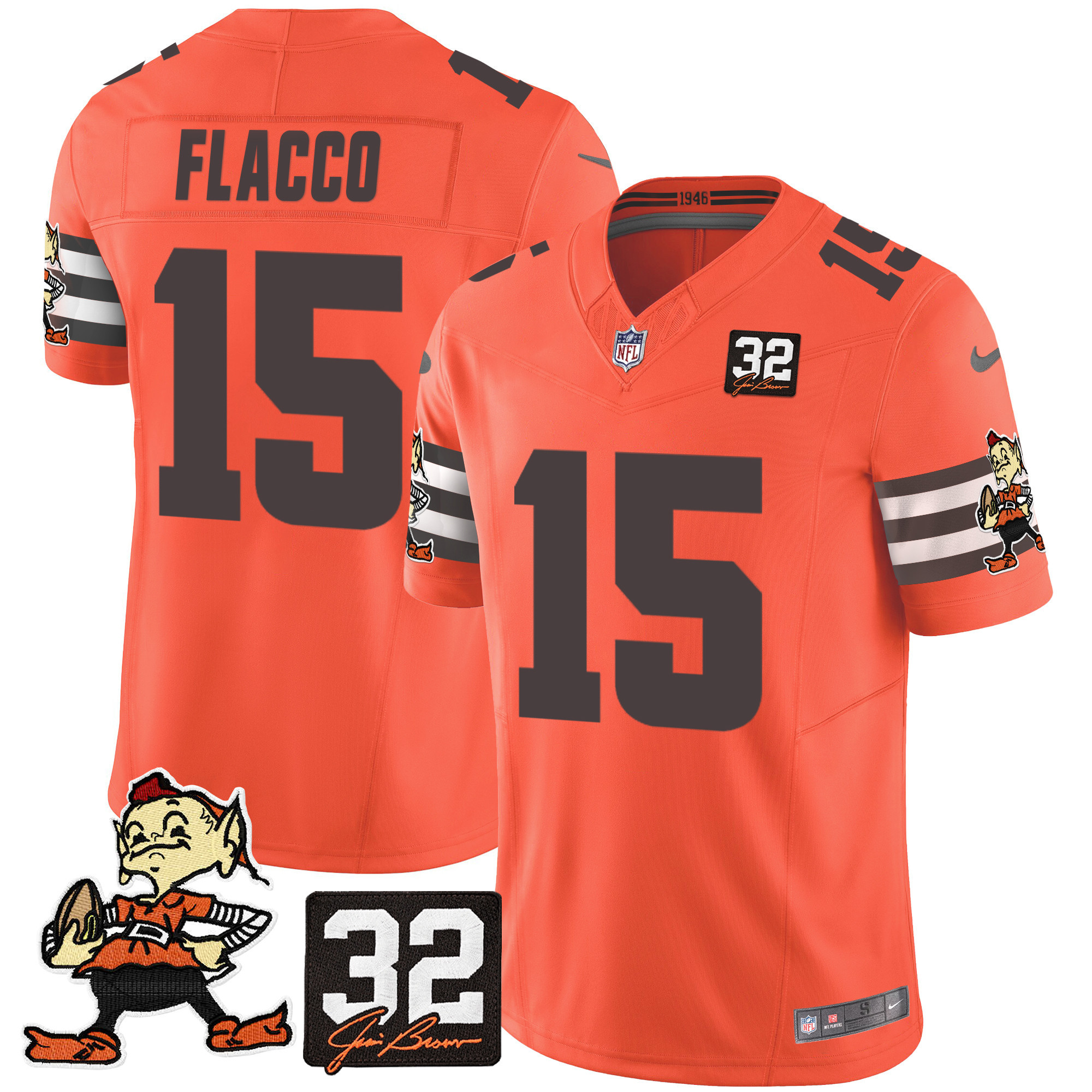 Joe Flacco Men's Cleveland Browns #32 Jim Brown Memorial Patch Vapor Limited Orange Jersey - All Stitched