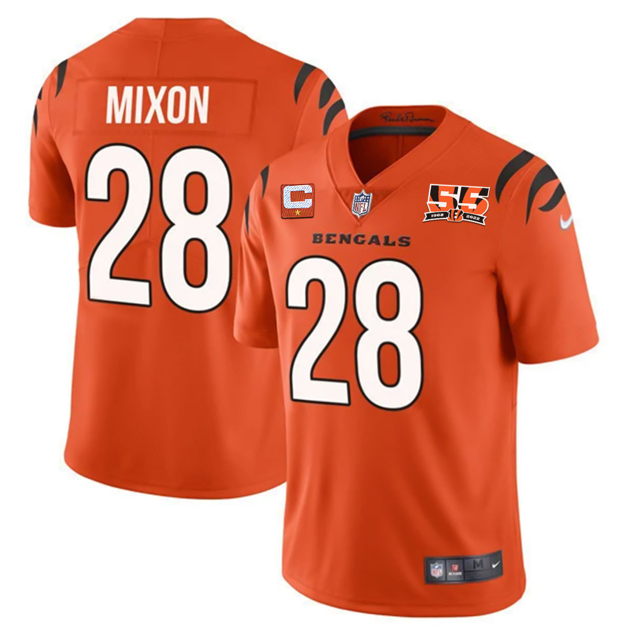 Joe Mixon Men's Cincinnati Bengals 55th 1968 - 2022 Anniversary Patch Player Vapor Limited Orange Jersey - All Stitched