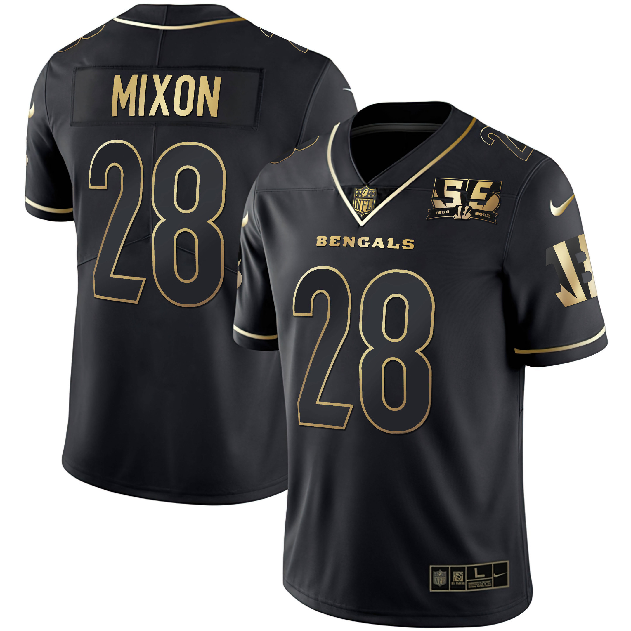 Joe Mixon Men's Cincinnati Bengals 55th 1968 - 2022 Anniversary Patch White Gold & Black Gold Black Gold Jersey - All Stitched