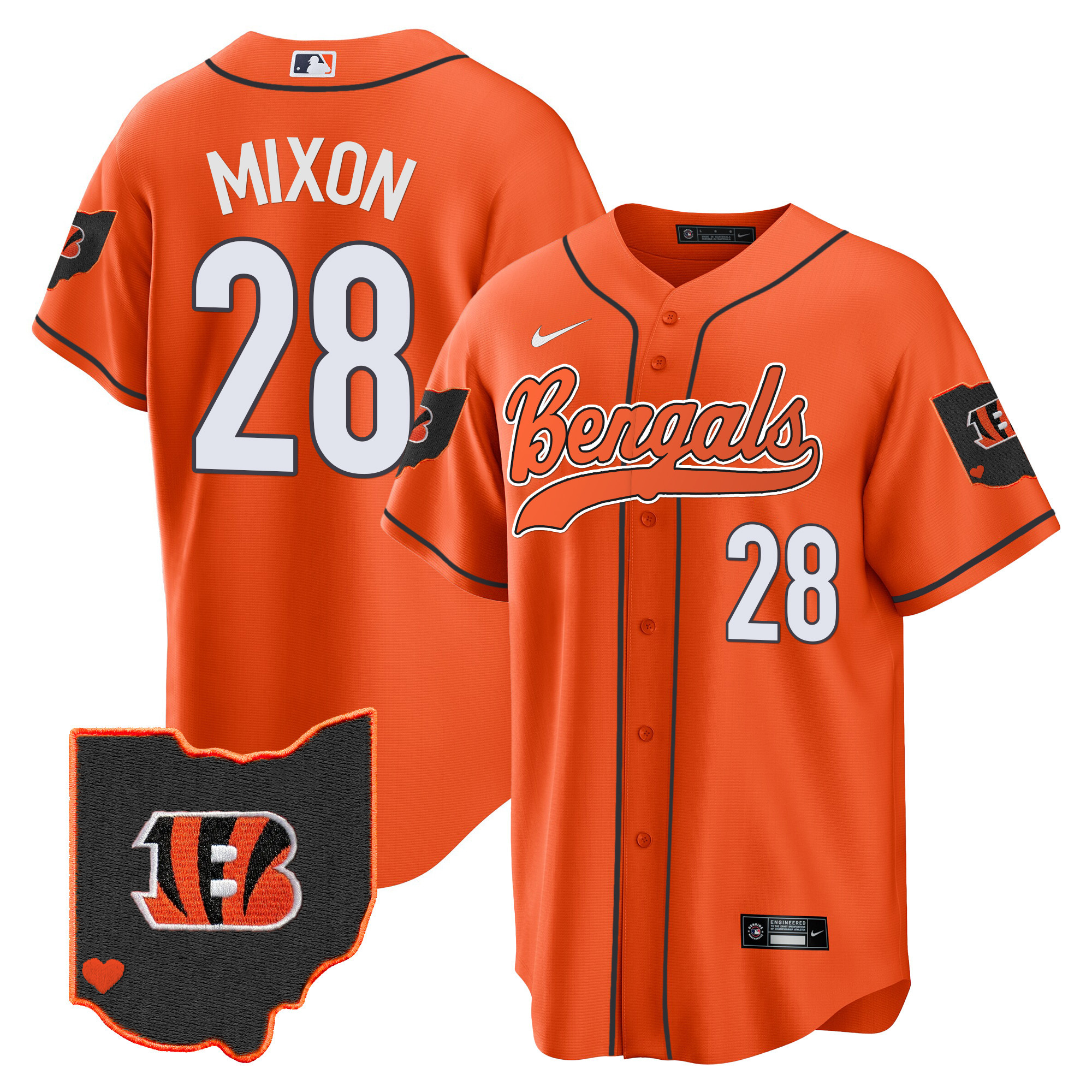 Joe Mixon Men's Cincinnati Bengals Ohio Patch Baseball Orange Jersey - All Stitched