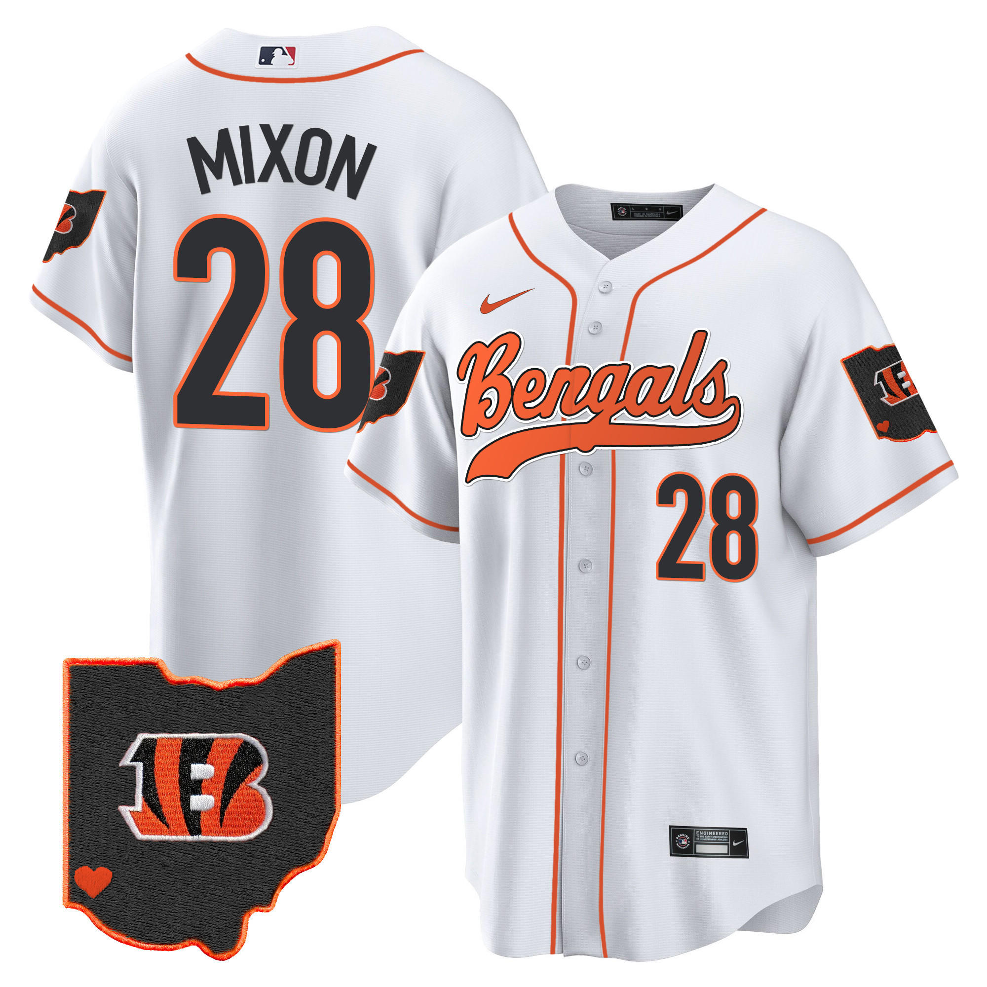 Joe Mixon Men's Cincinnati Bengals Ohio Patch Baseball White Jersey - All Stitched