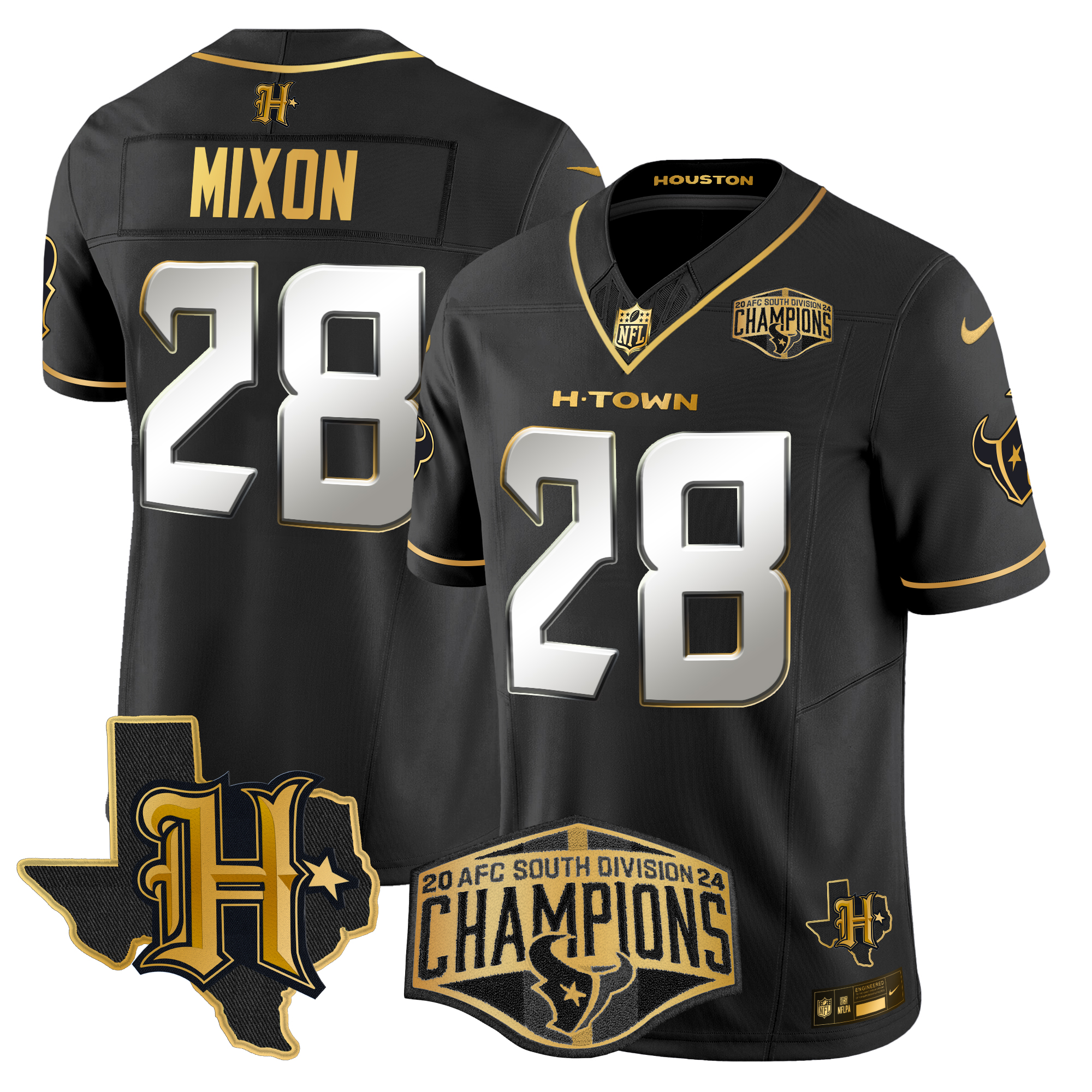 Joe Mixon Men's Houston Texans 2024 AFC South Division Champions Patch Gold Vapor Limited Black Limited Jersey - All Stitched