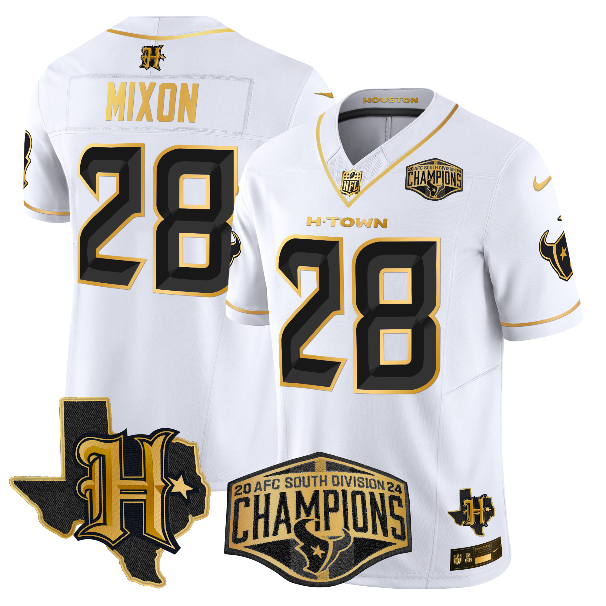 Joe Mixon Men's Houston Texans 2024 AFC South Division Champions Patch Gold Vapor Limited White Gold Jersey - All Stitched
