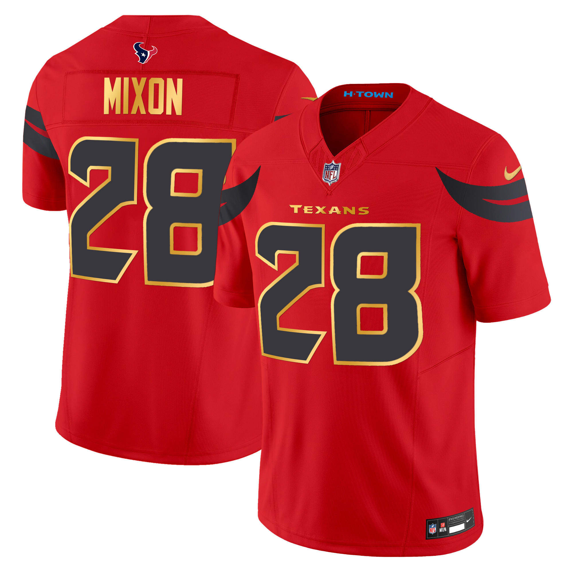 Joe Mixon Men's Houston Texans 2024 Gold Trim Vapor Limited Red Jersey - All Stitched