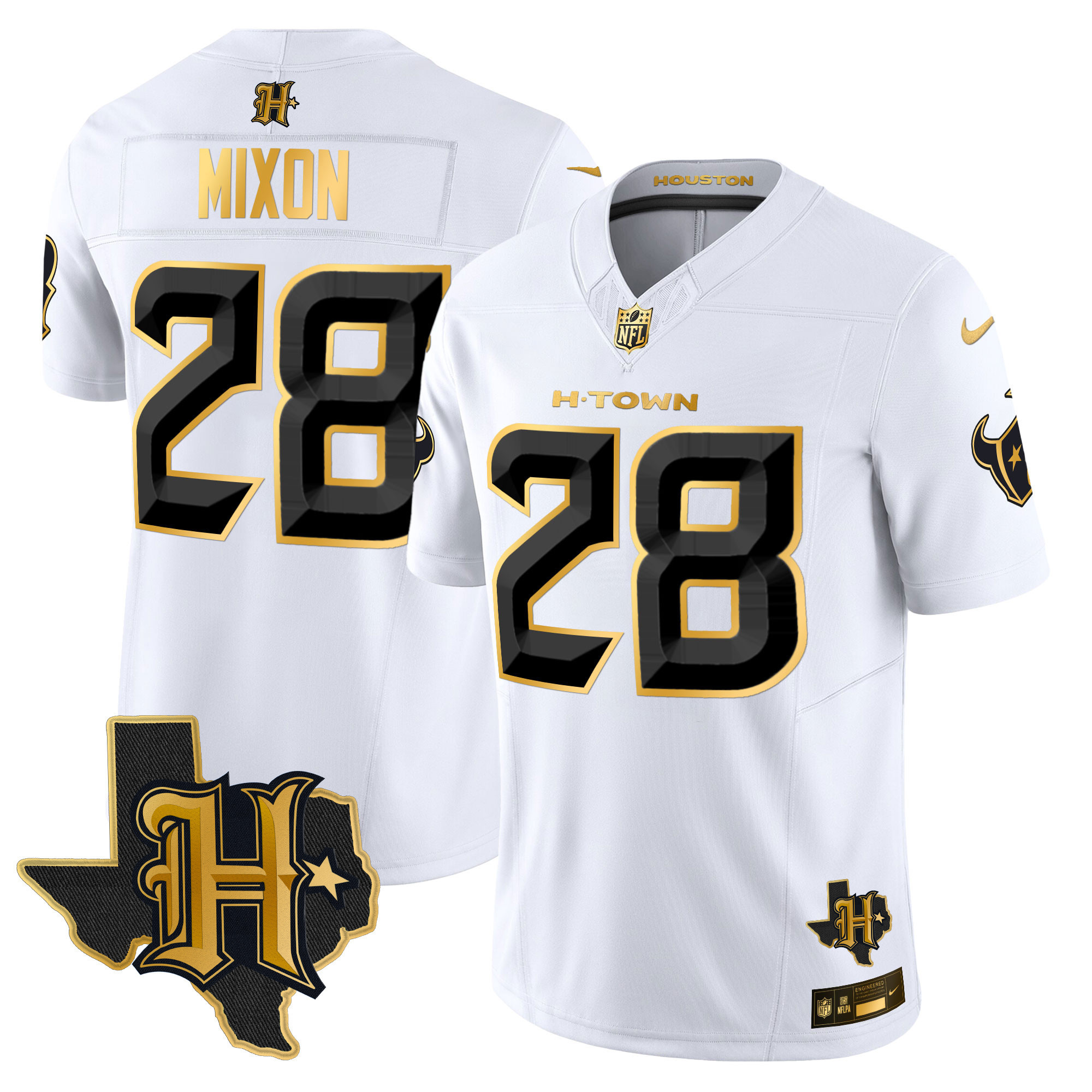 Joe Mixon Men's Houston Texans 2024 Texas Patch Gold Vapor Limited White Gold Jersey - All Stitched