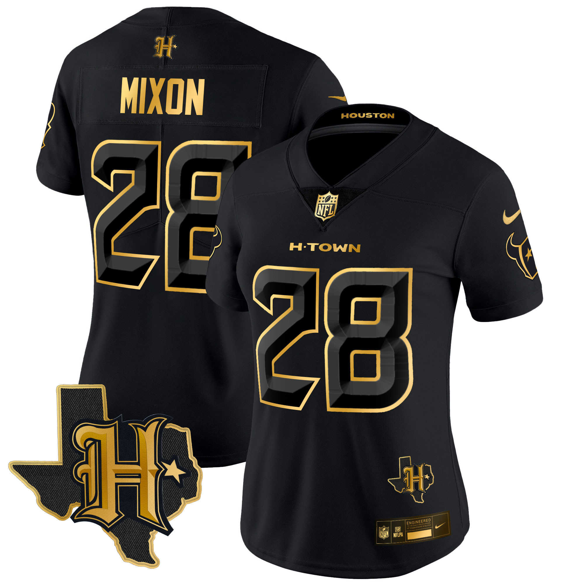 Joe Mixon Women's Houston Texans 2024 Texas Patch Gold Vapor Limited Black Gold Jersey - All Stitched