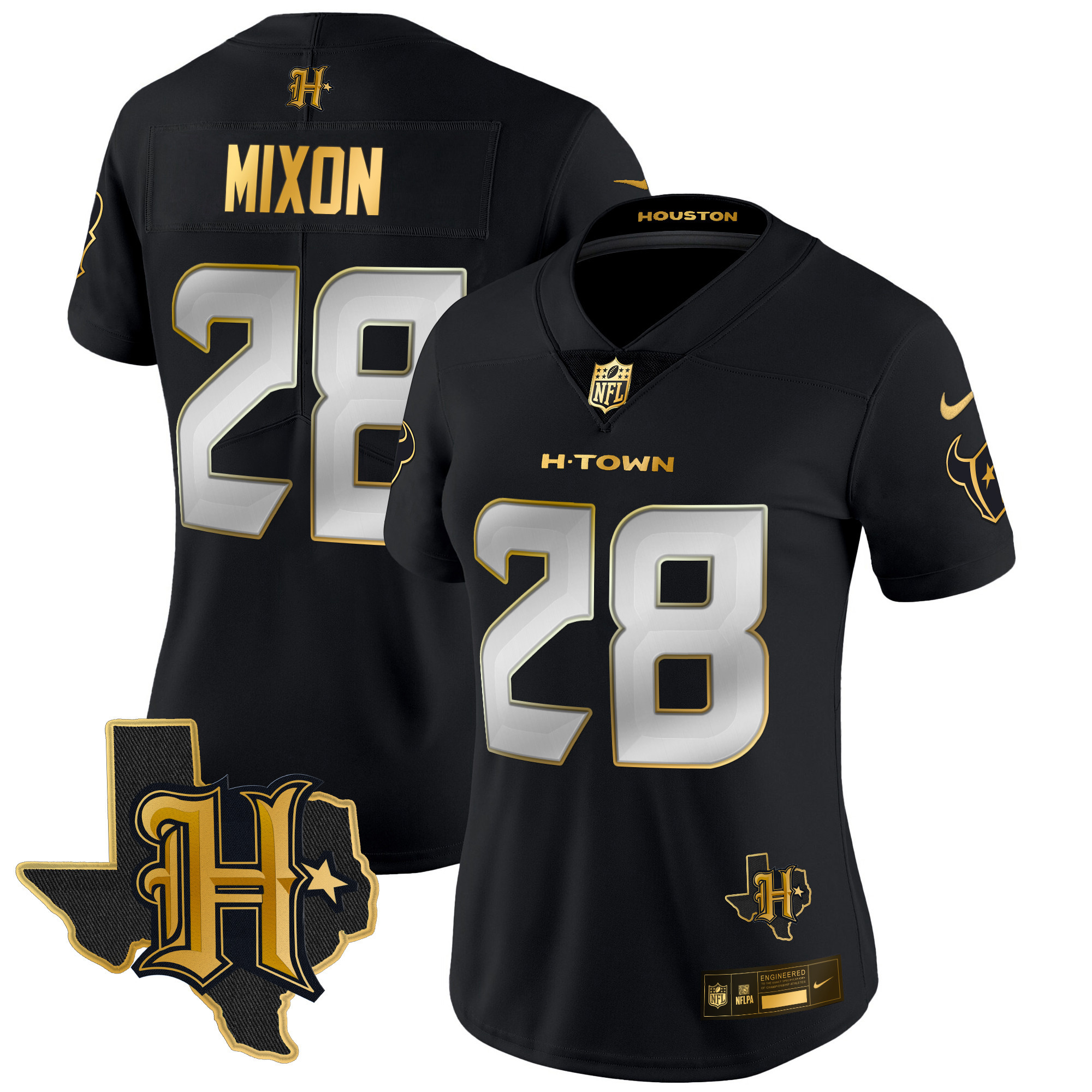 Joe Mixon Women's Houston Texans 2024 Texas Patch Gold Vapor Limited Black Limited Jersey - All Stitched