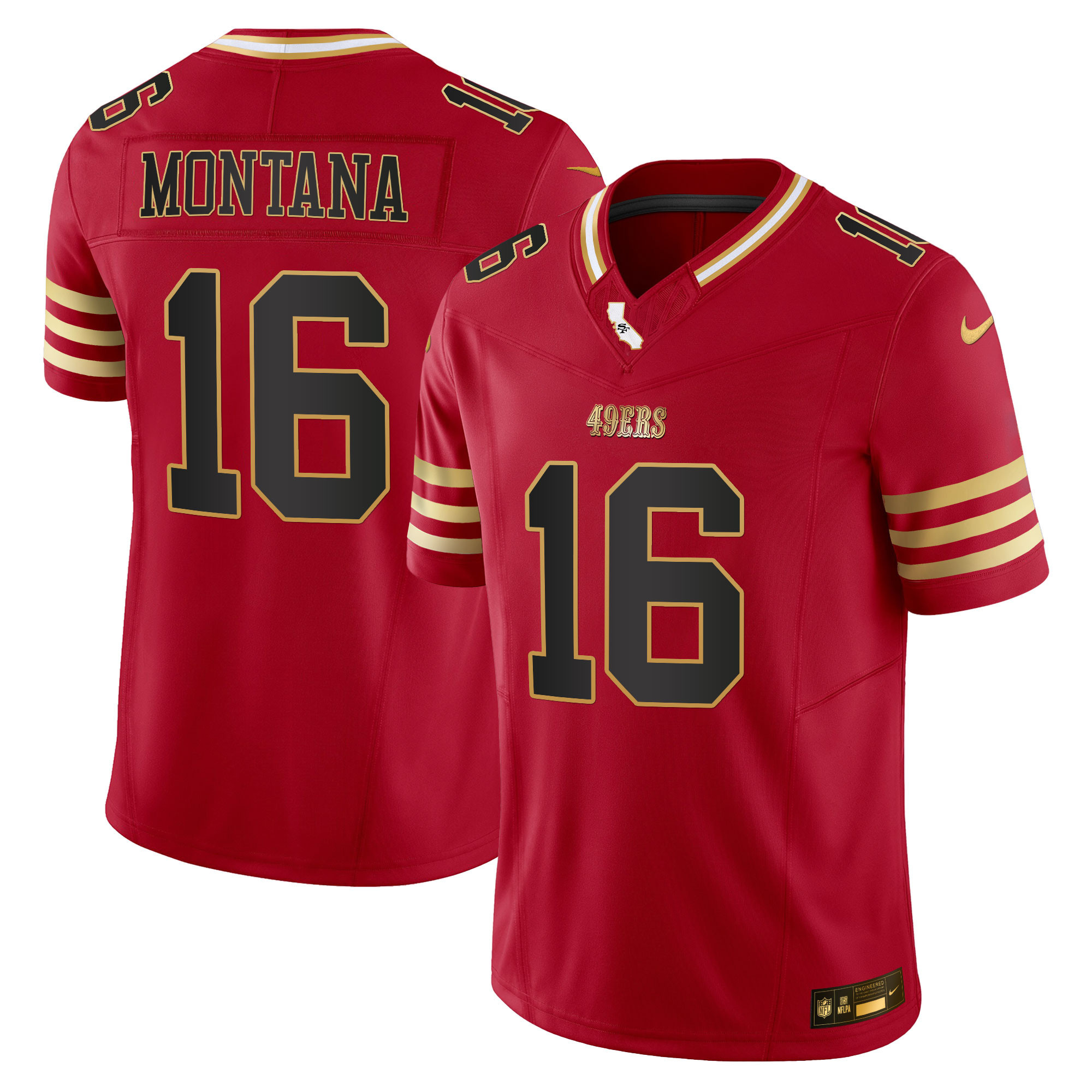 Joe Montana Men's San Francisco 49ers 2024 Gold Vapor Black Scarlet Jersey - All Stitched