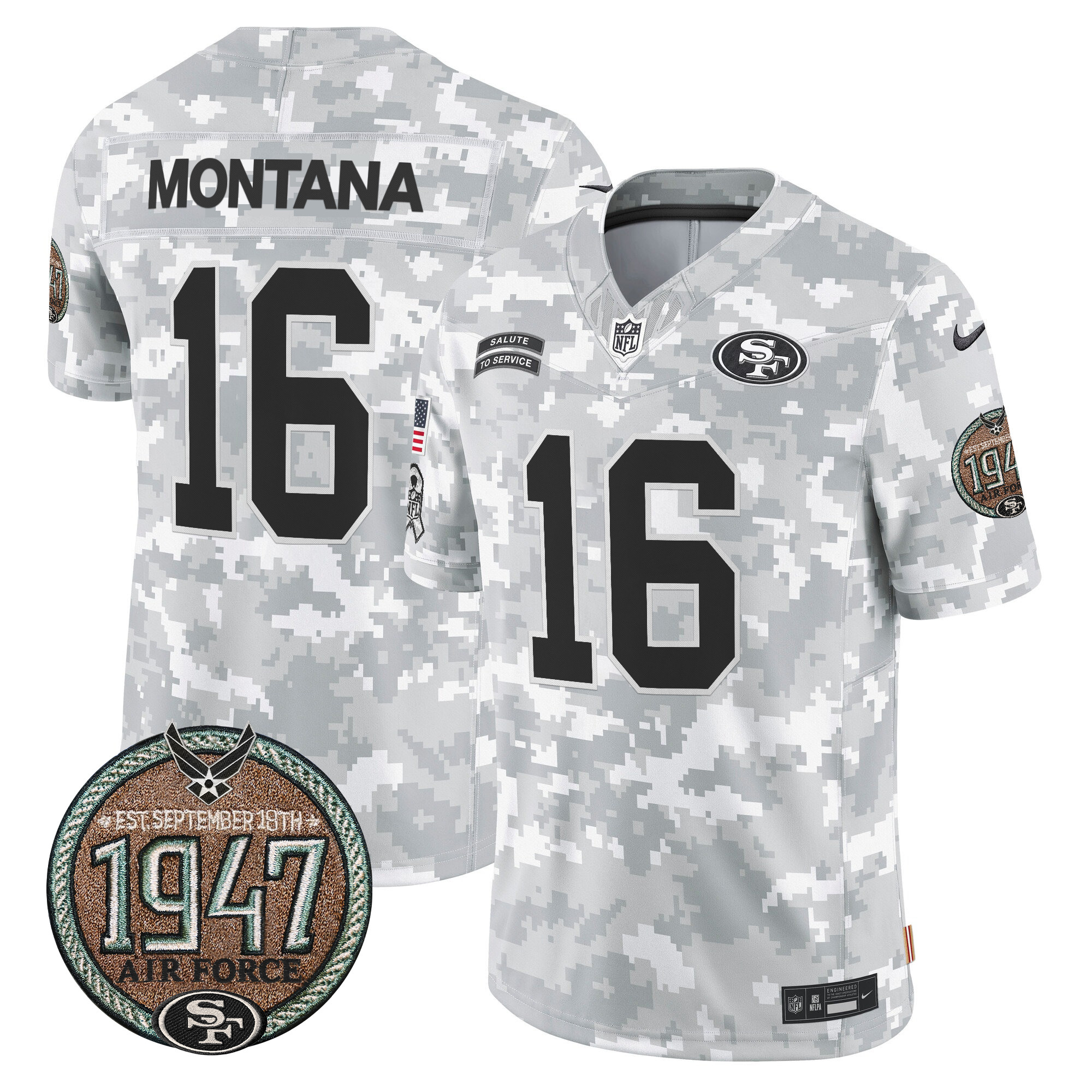 Joe Montana Men's San Francisco 49ers 2024 Salute to Service Establishment Year Patch Vapor Limited Air Force Jersey - All Stitched
