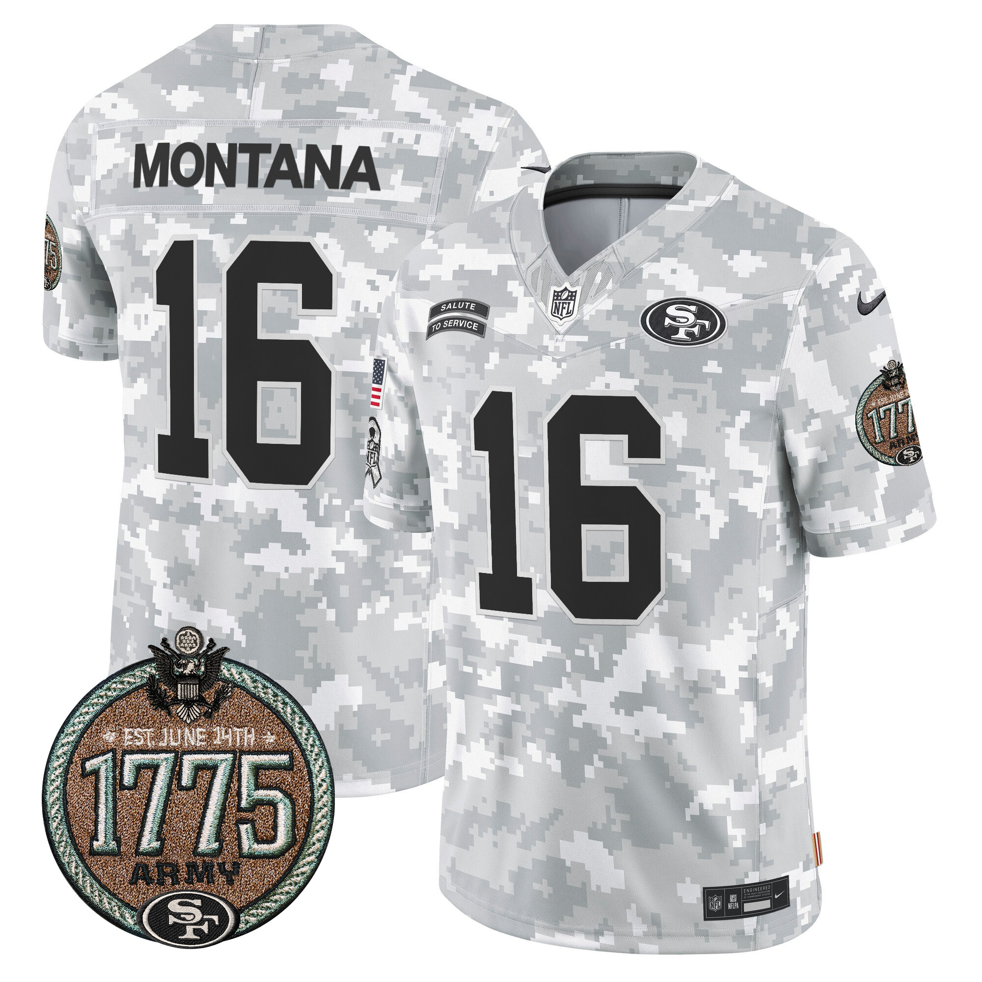 Joe Montana Men's San Francisco 49ers 2024 Salute to Service Establishment Year Patch Vapor Limited Army Jersey - All Stitched
