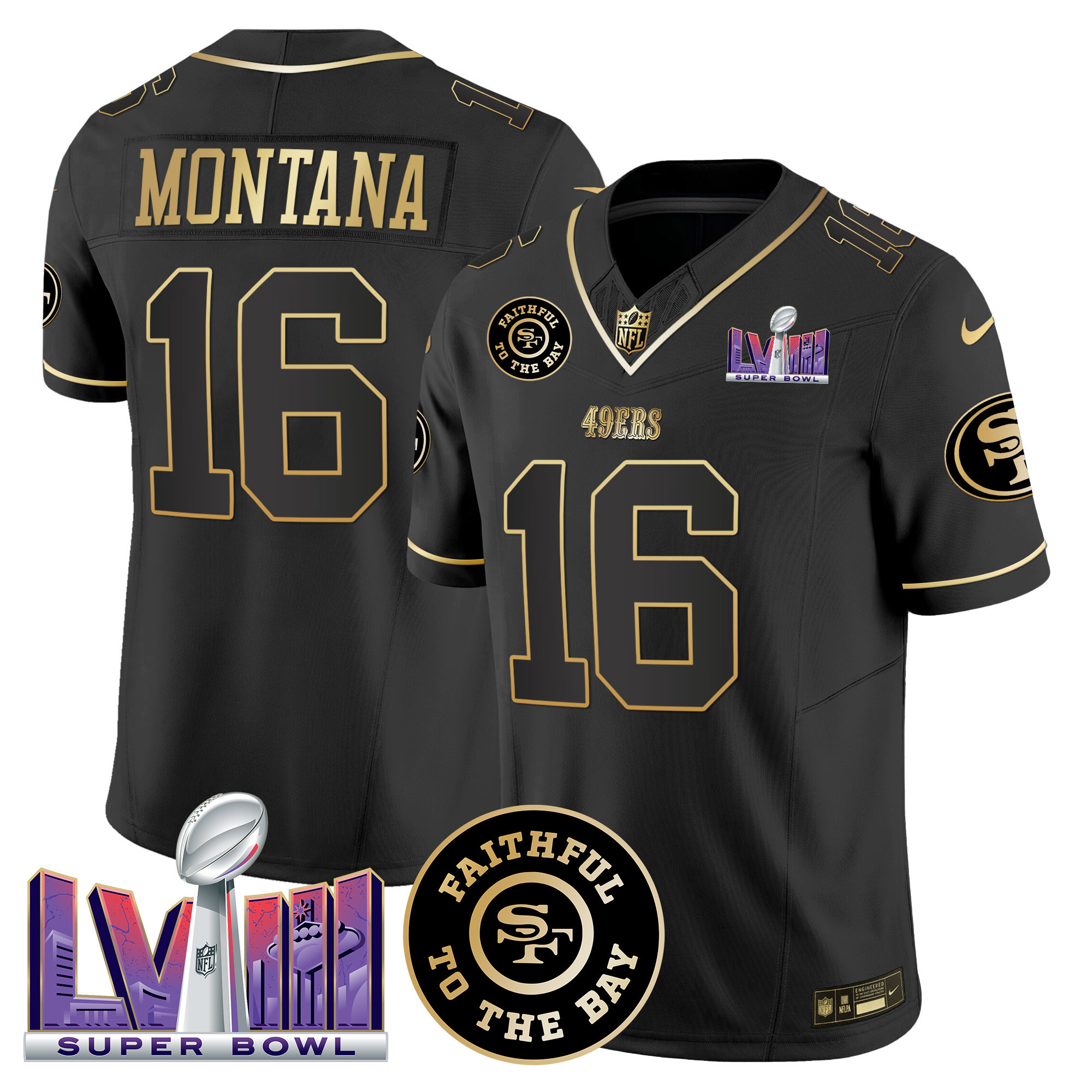 Joe Montana Men's San Francisco 49ers  Faithful & Super Bowl LVIII Patch Vapor Black Gold Jersey - All Stitched