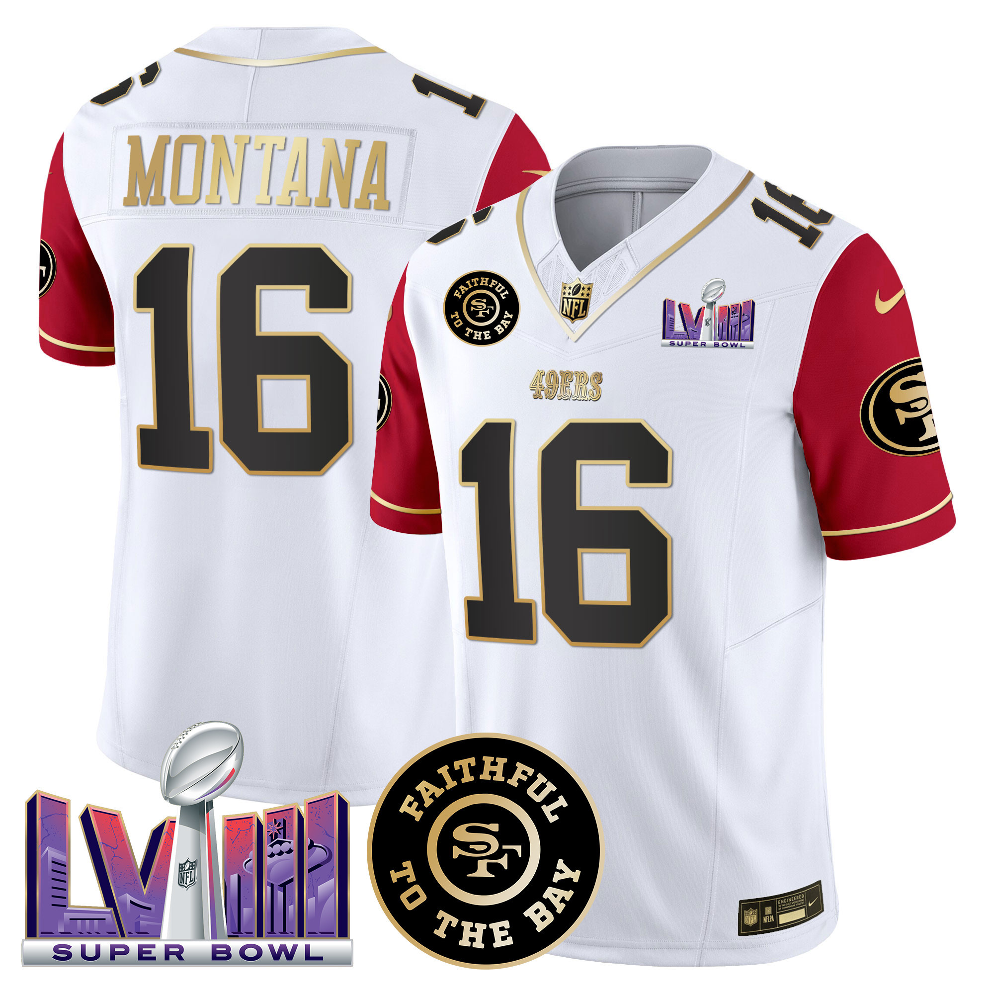 Joe Montana Men's San Francisco 49ers  Faithful & Super Bowl LVIII Patch Vapor Color Sleeves Jersey - All Stitched