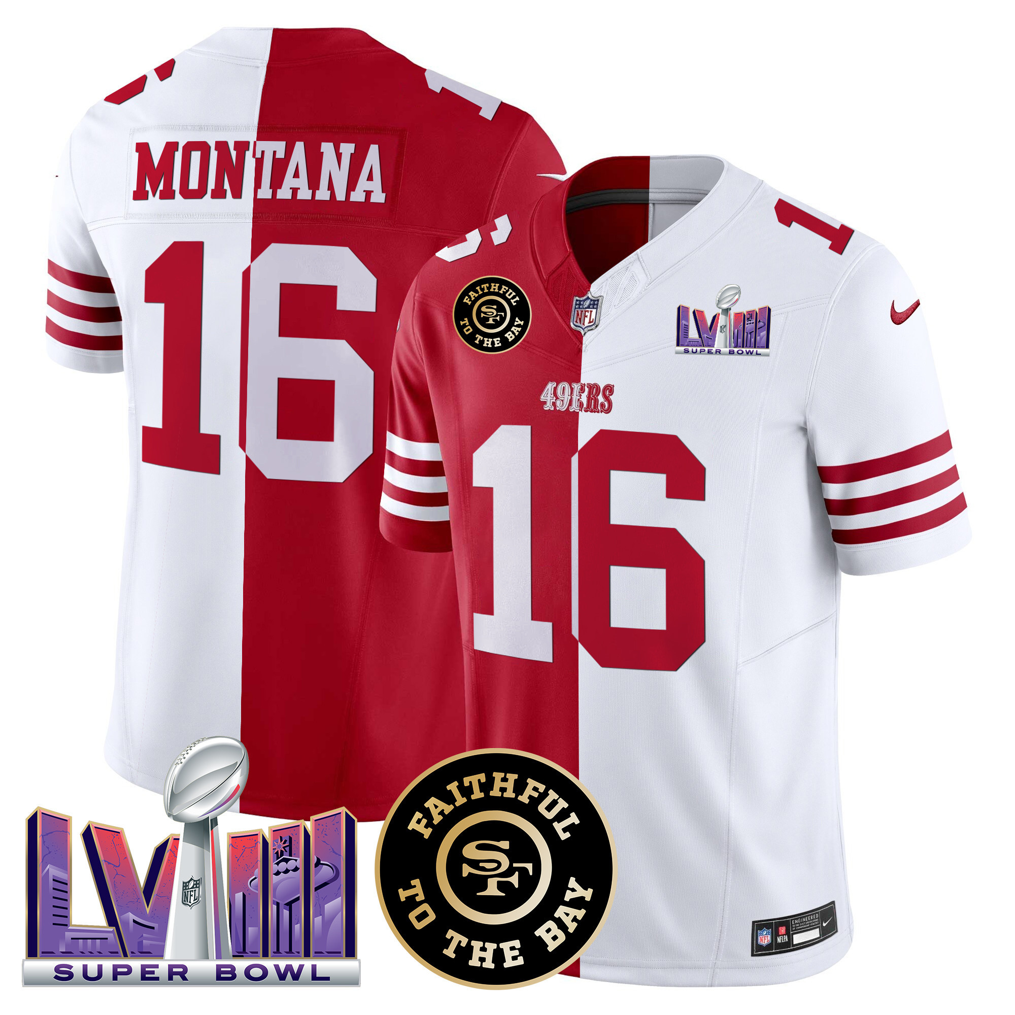Joe Montana Men's San Francisco 49ers  Faithful & Super Bowl LVIII Patch Vapor Split Jersey - All Stitched