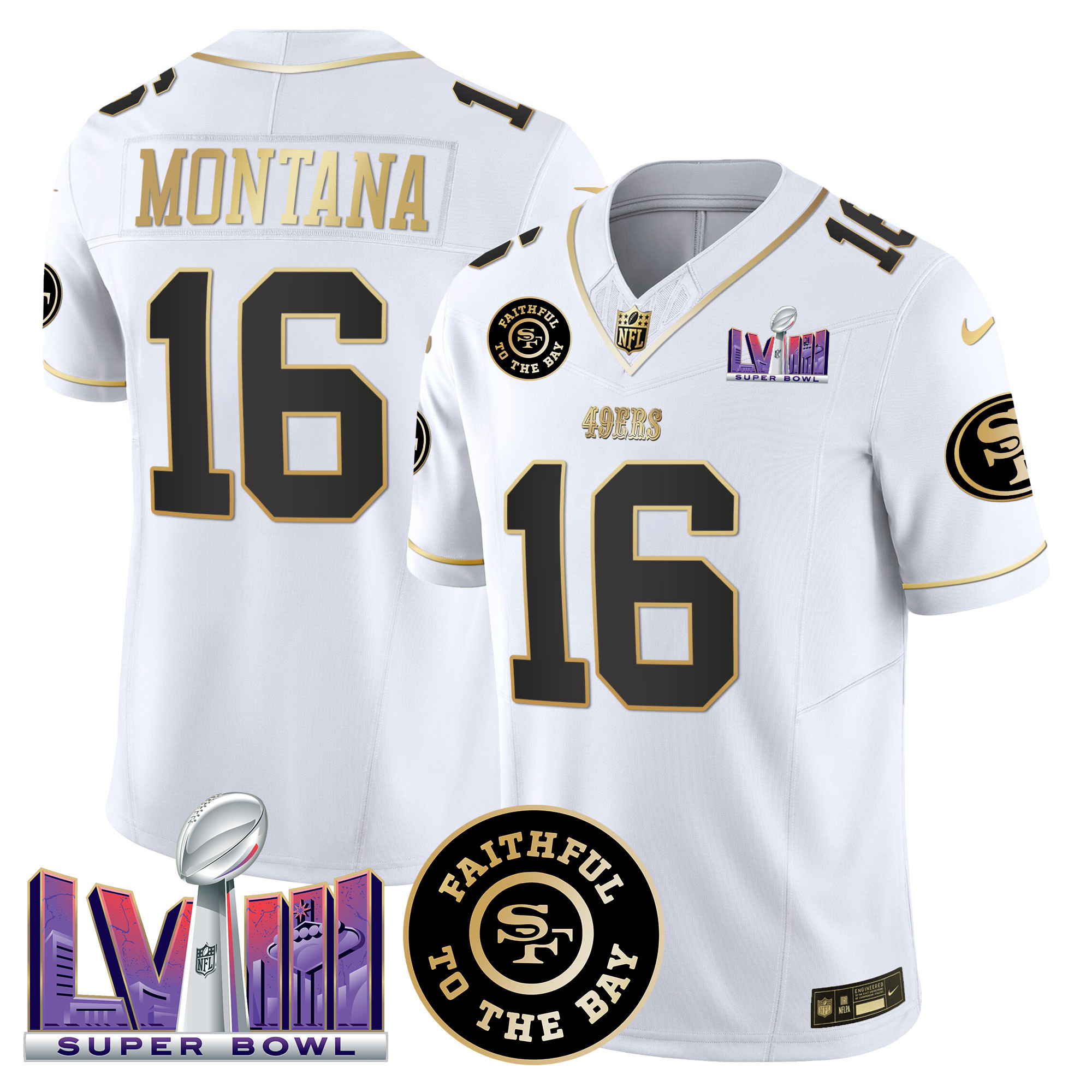 Joe Montana Men's San Francisco 49ers  Faithful & Super Bowl LVIII Patch Vapor White Gold Jersey - All Stitched