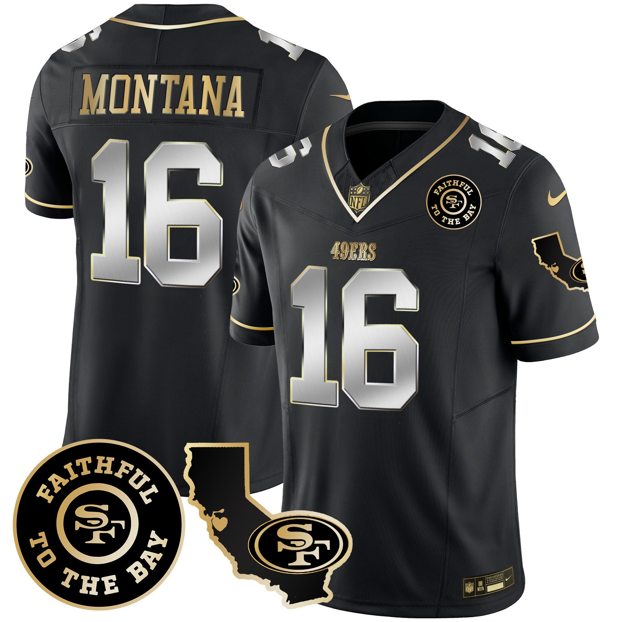 Joe Montana San Francisco 49ers Faithful & California Patch Vapor Black Jersey - All Stitched