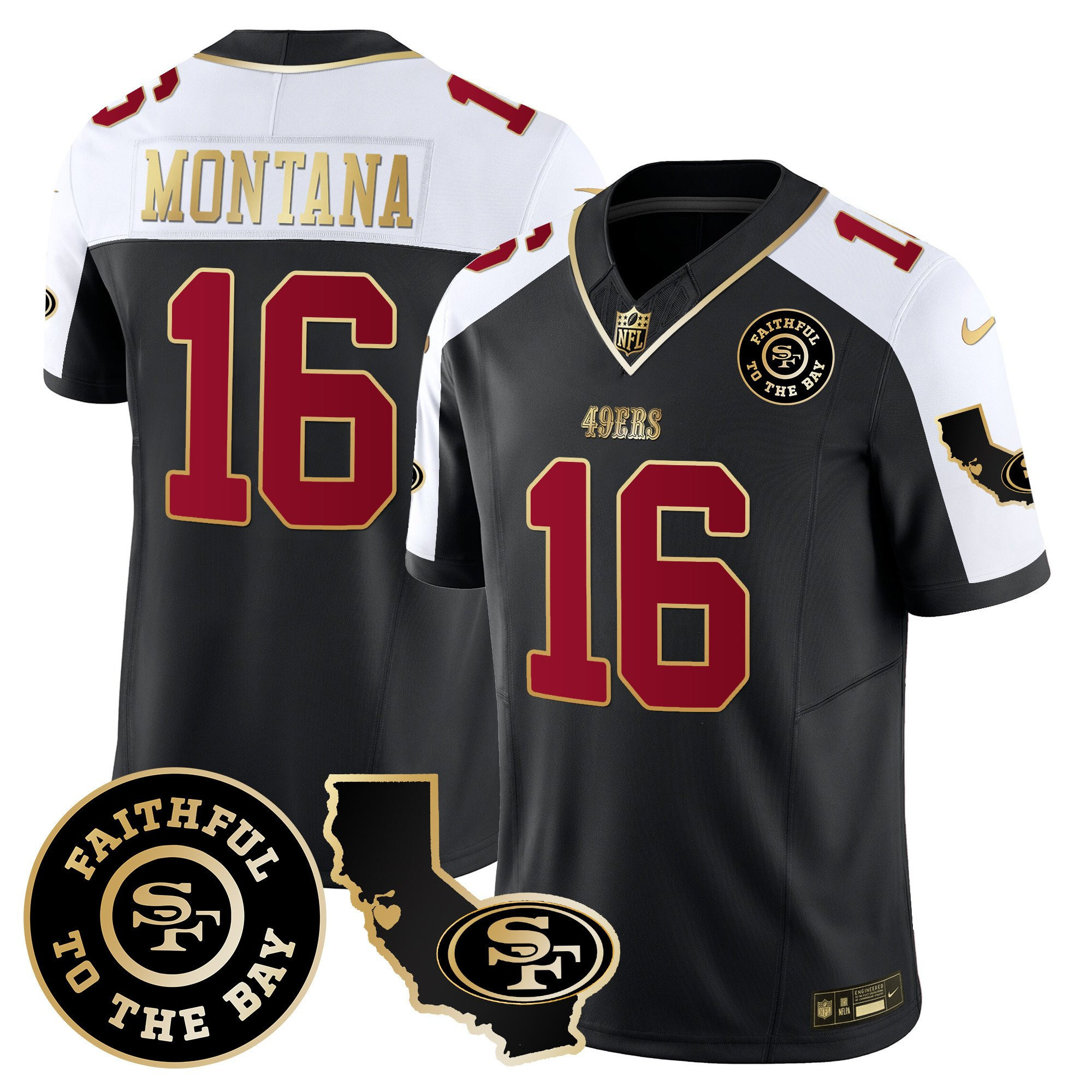 Joe Montana San Francisco 49ers Faithful & California Patch Vapor Black/White Jersey - All Stitched