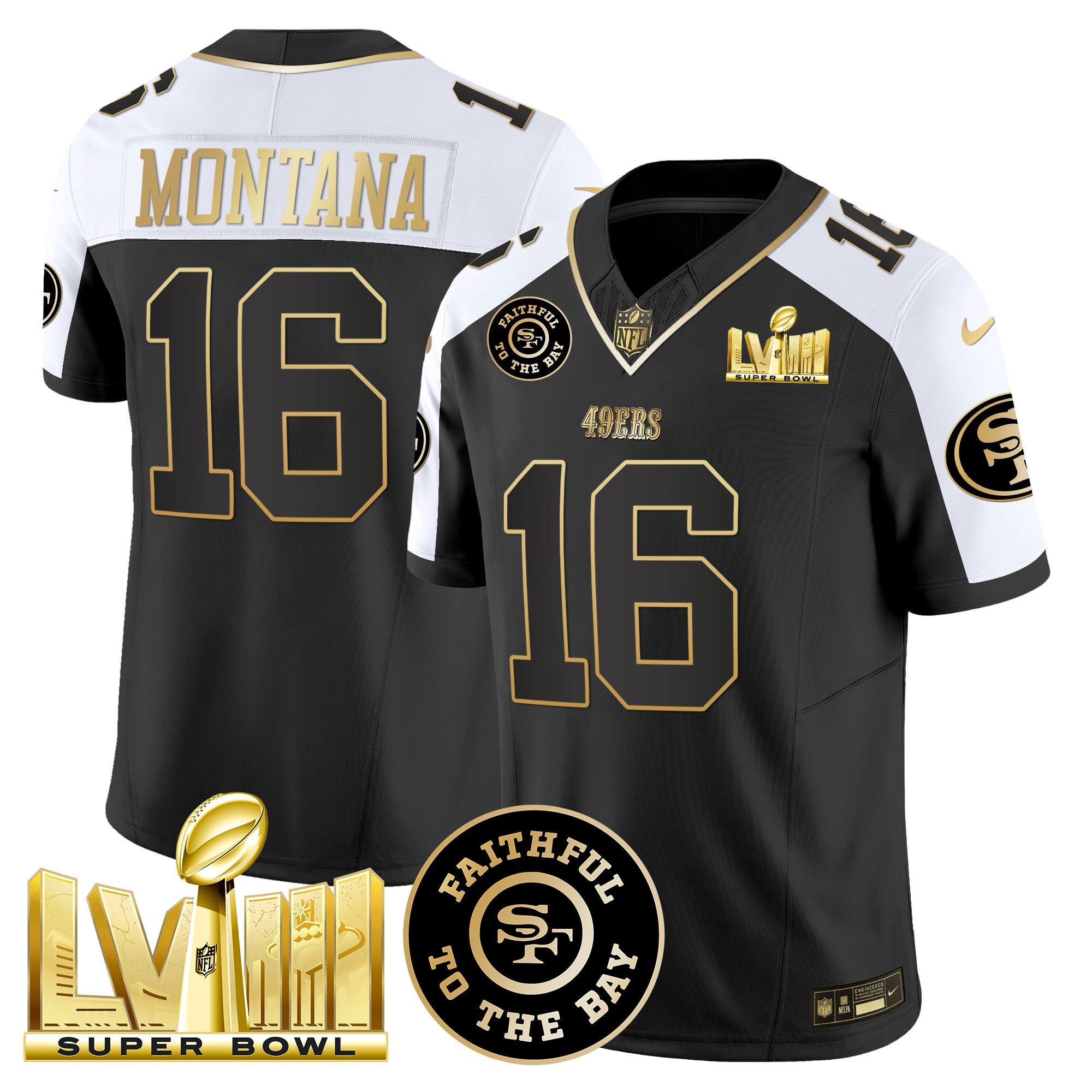 Joe Montana San Francisco 49ers Faithful & Super Bowl LVIII Gold Patch Vapor Black/White Jersey - All Stitched