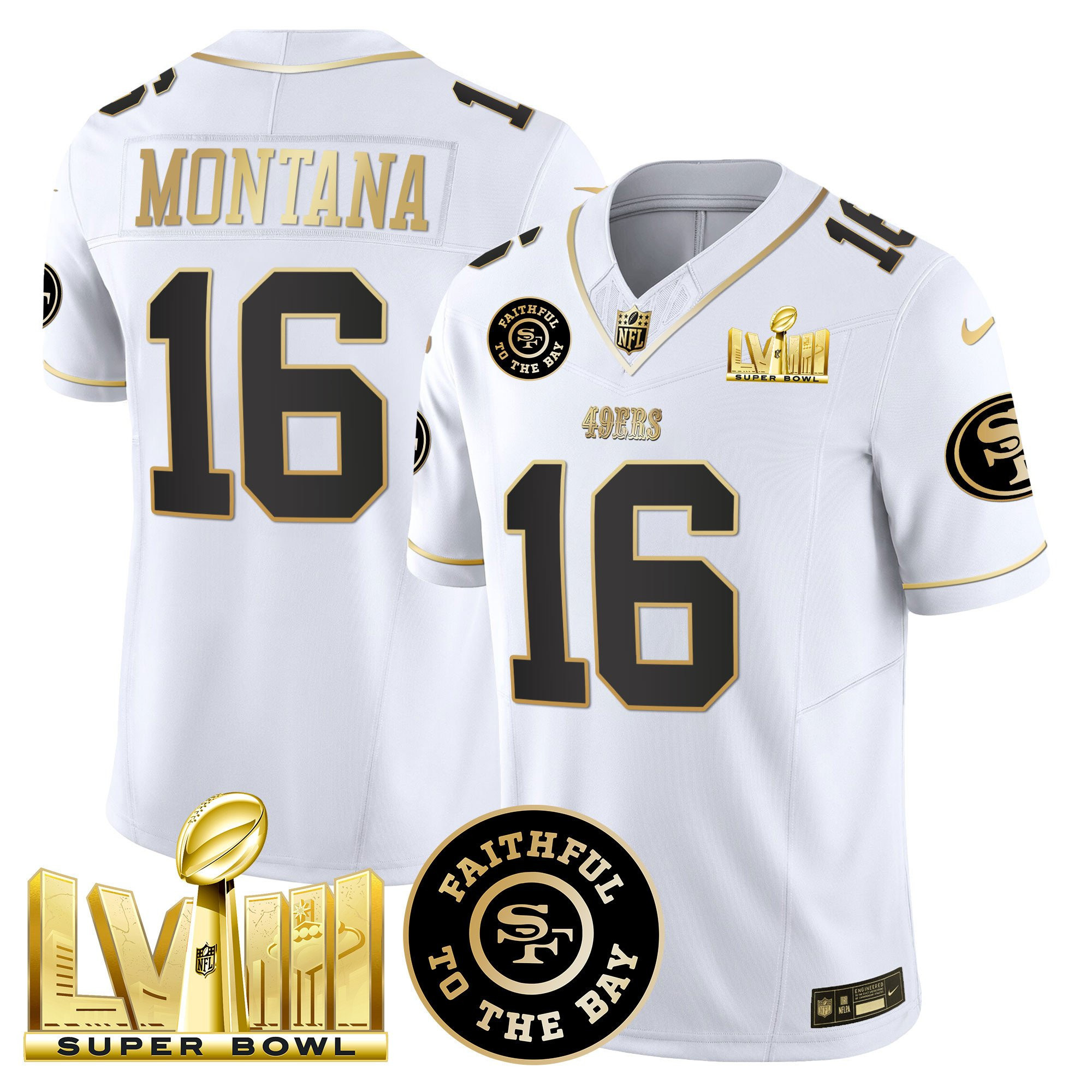Joe Montana San Francisco 49ers Faithful & Super Bowl LVIII Gold Patch Vapor White Jersey - All Stitched