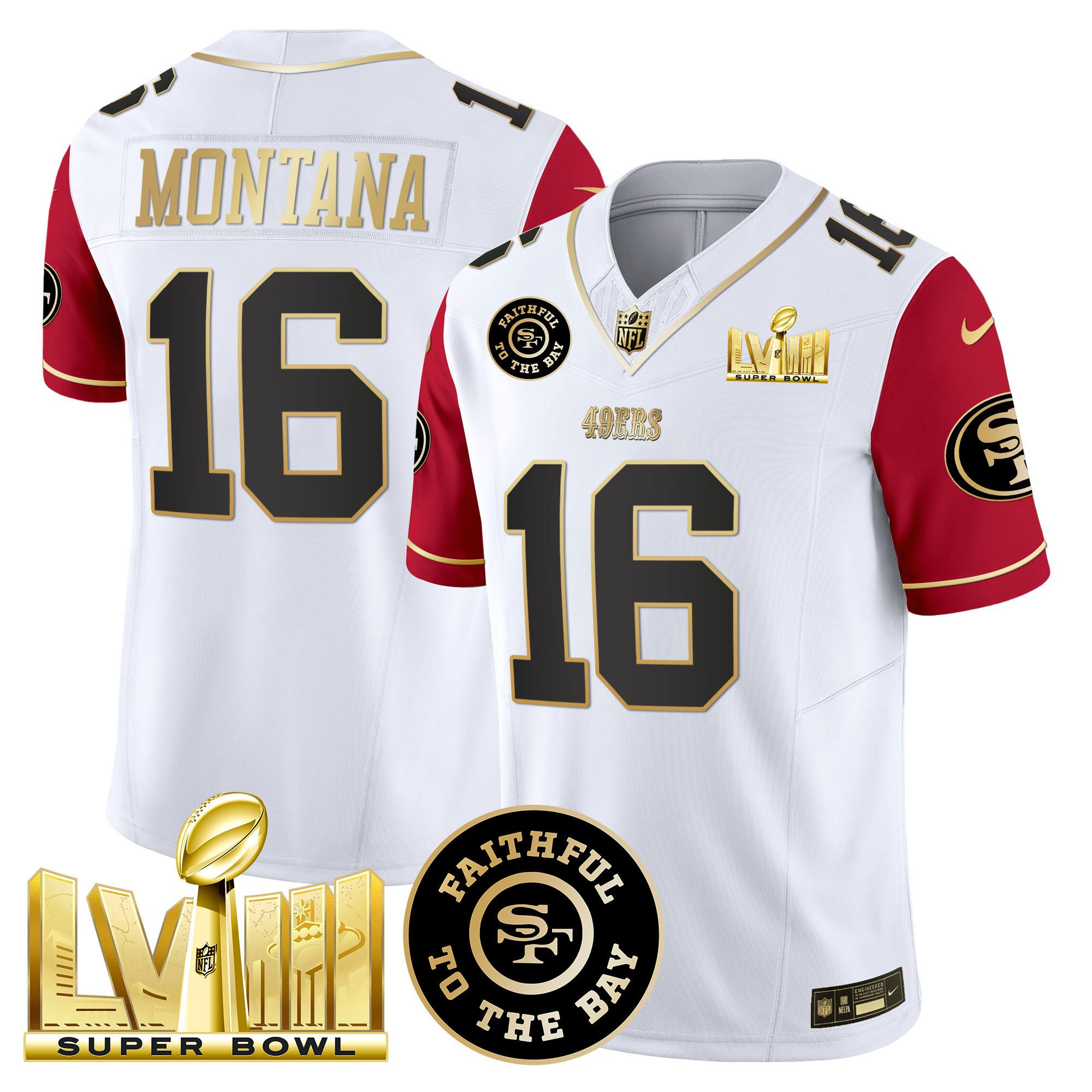 Joe Montana San Francisco 49ers Faithful & Super Bowl LVIII Gold Patch Vapor White/Red Jersey - All Stitched