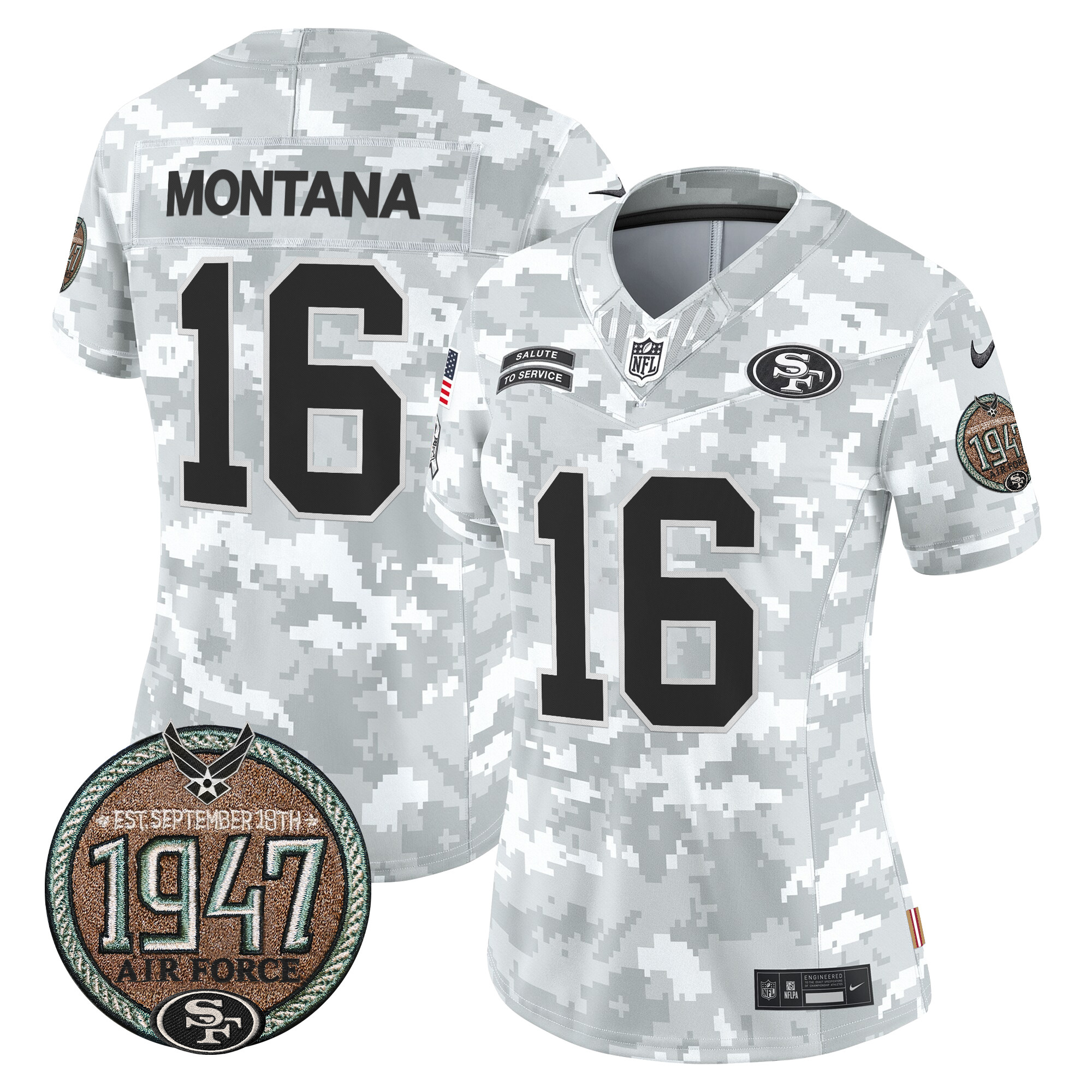 Joe Montana Women's San Francisco 49ers 2024 Salute to Service Establishment Year Patch Vapor Limited Air Force Jersey - All Stitched