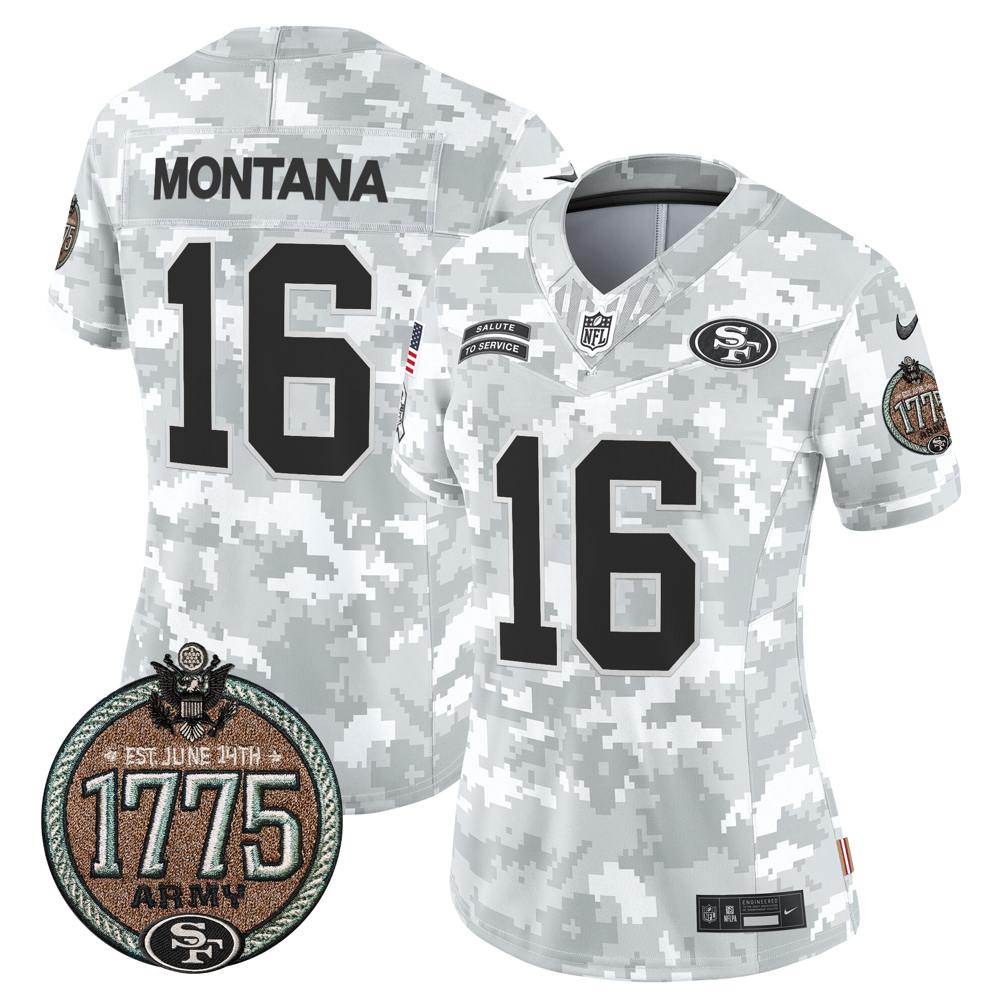 Joe Montana Women's San Francisco 49ers 2024 Salute to Service Establishment Year Patch Vapor Limited Army Jersey - All Stitched