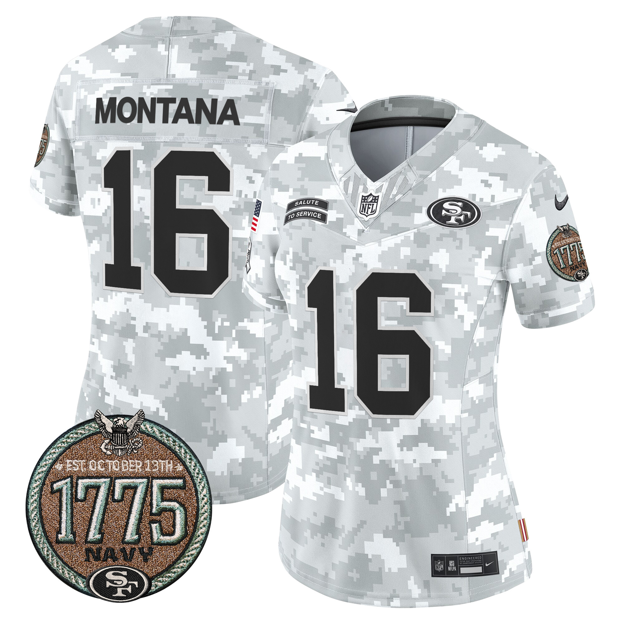 Joe Montana Women's San Francisco 49ers 2024 Salute to Service Establishment Year Patch Vapor Limited Navy Jersey - All Stitched