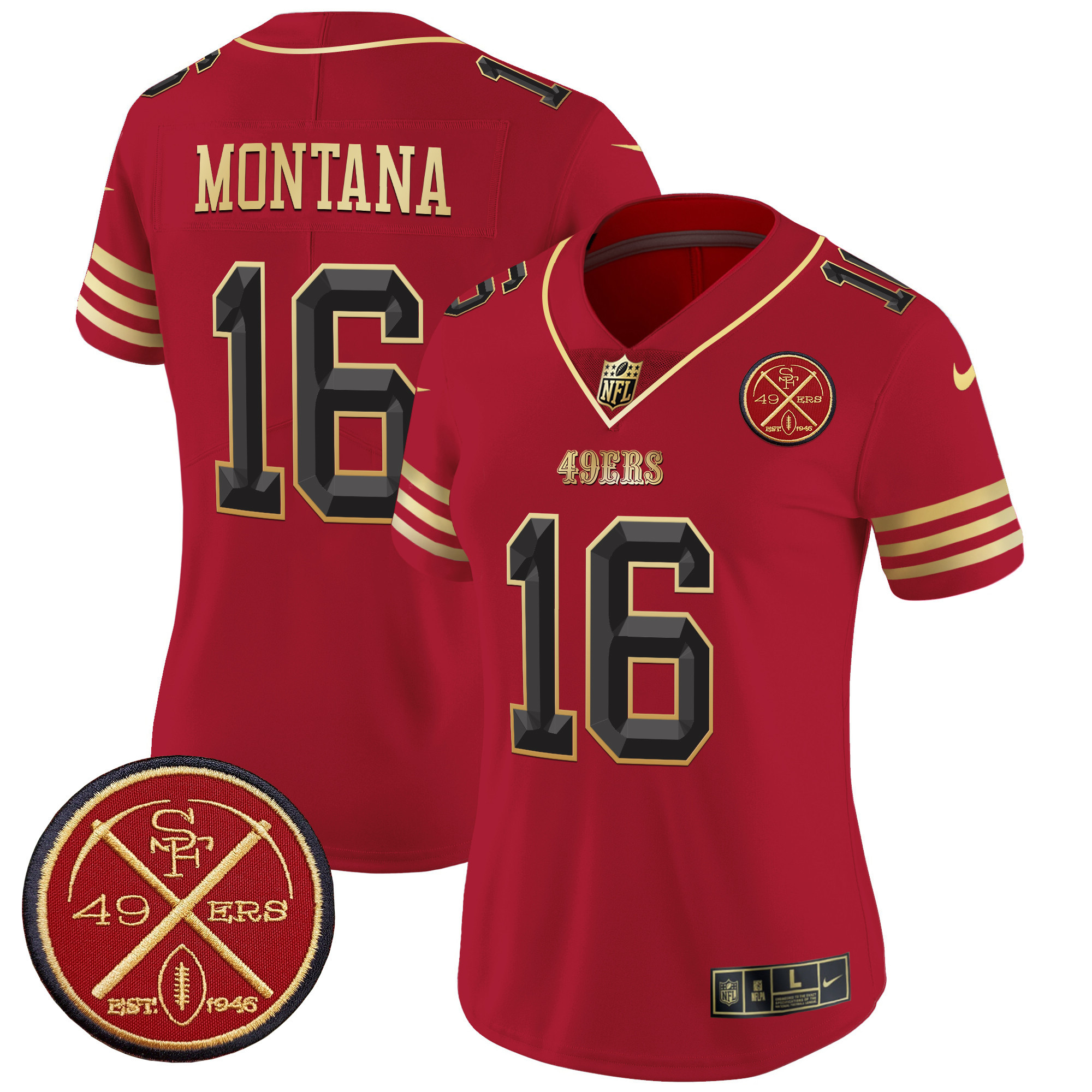 Joe Montana Women's San Francisco 49ers Est.1946 Patch Vapor Limited Black Scarlet Jersey - All Stitched