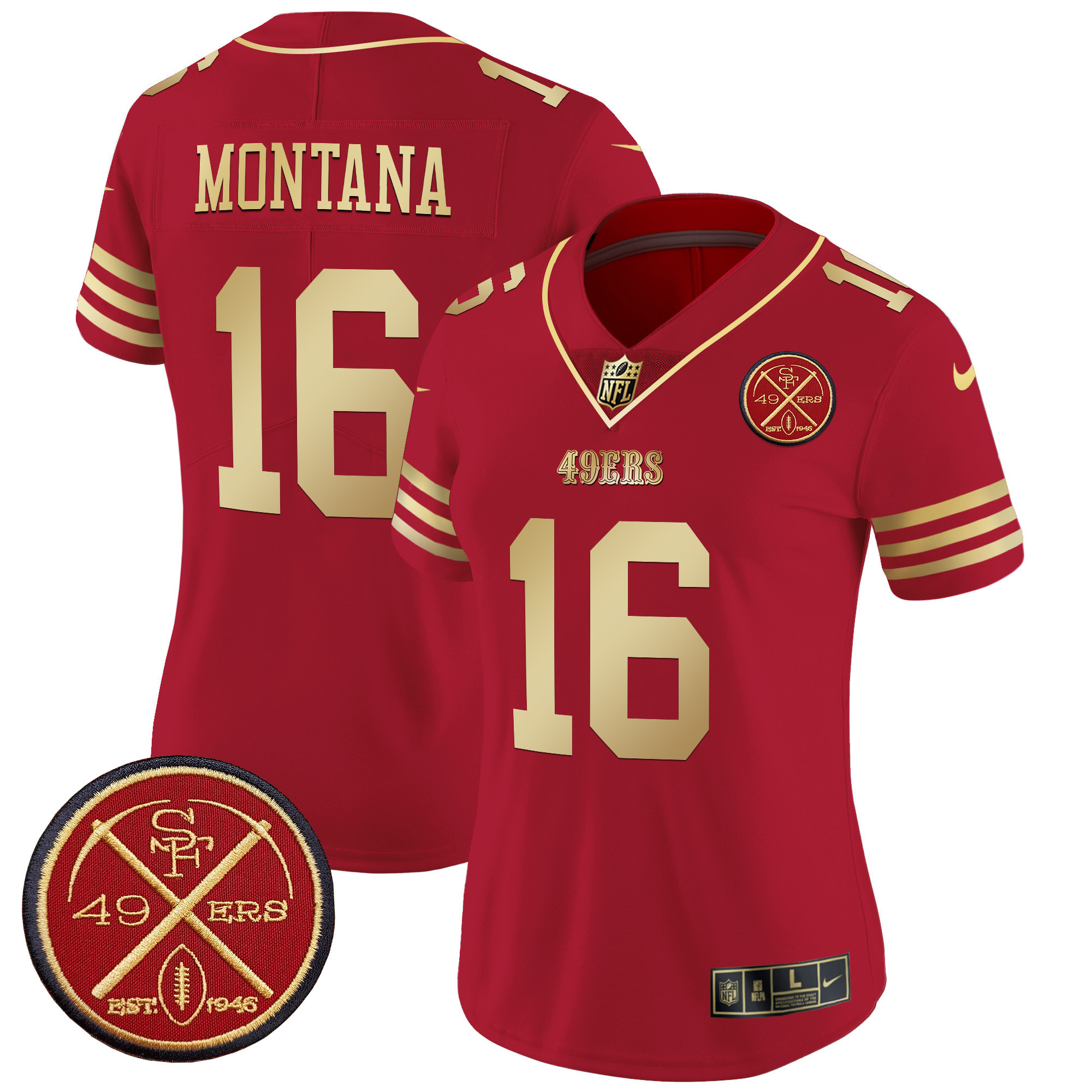 Joe Montana Women's San Francisco 49ers Est.1946 Patch Vapor Limited Scarlet Gold Jersey - All Stitched