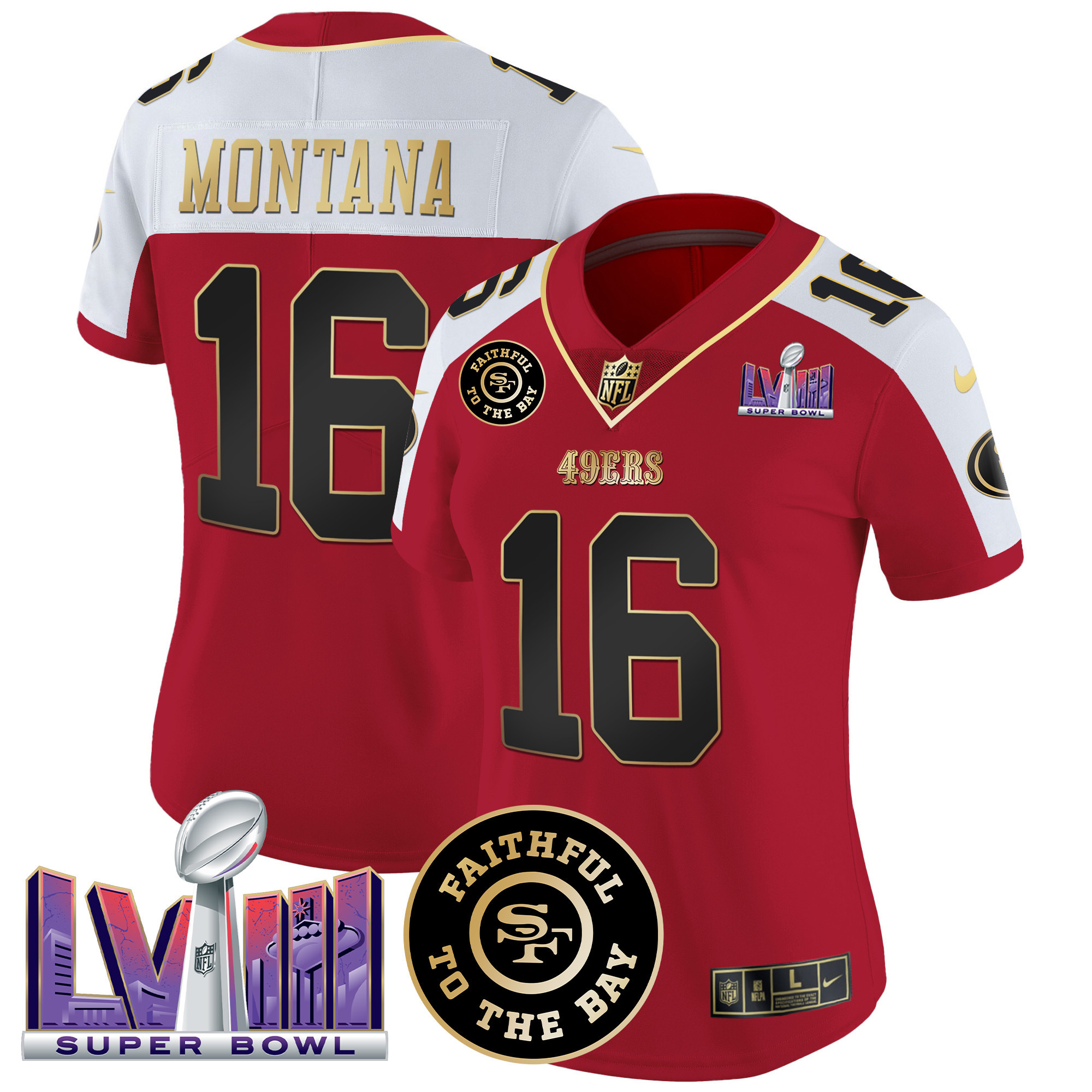 Joe Montana Women's San Francisco 49ers  Faithful & Super Bowl LVIII Patch Vapor Alternate Jersey - All Stitched