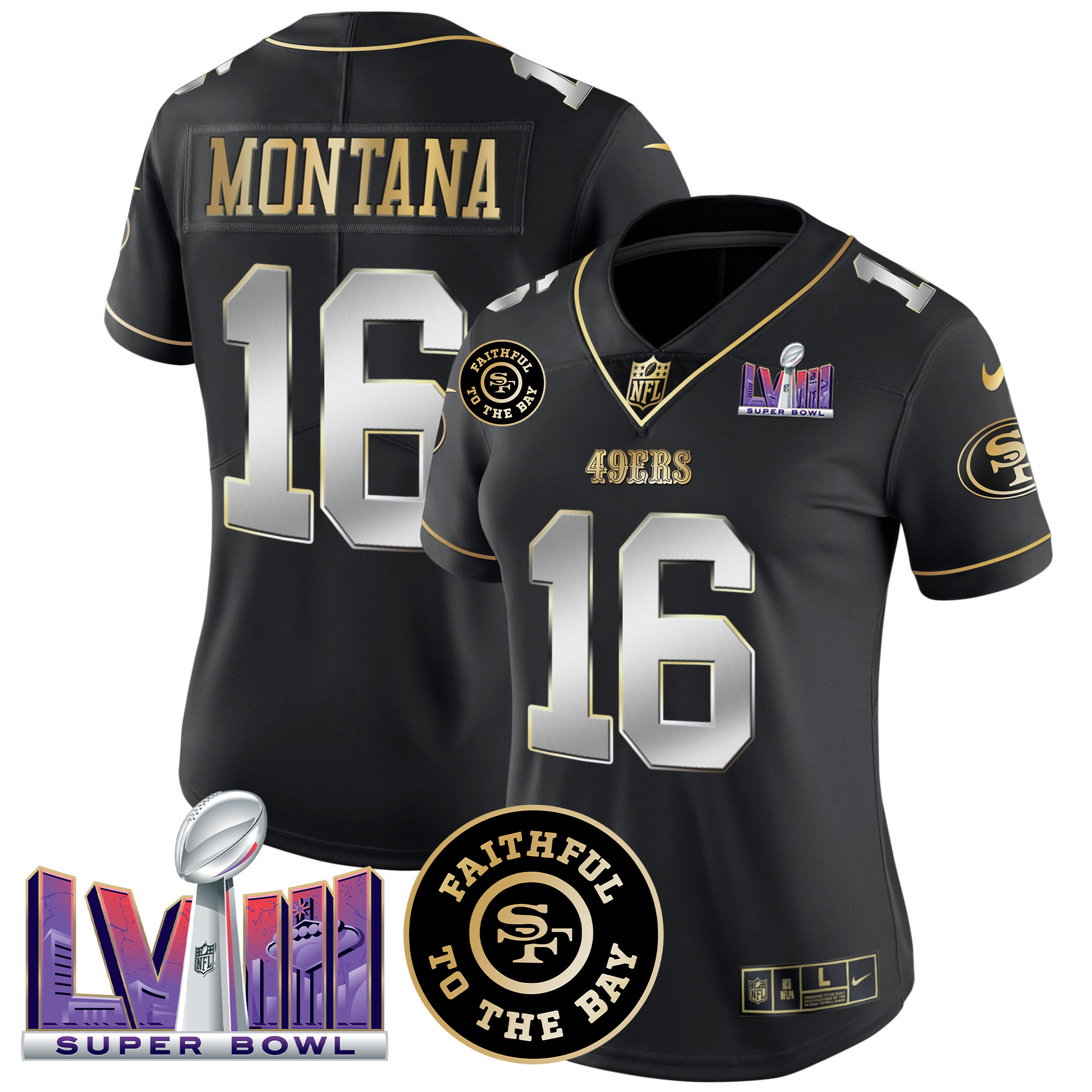 Joe Montana Women's San Francisco 49ers  Faithful & Super Bowl LVIII Patch Vapor Black Limited Jersey - All Stitched